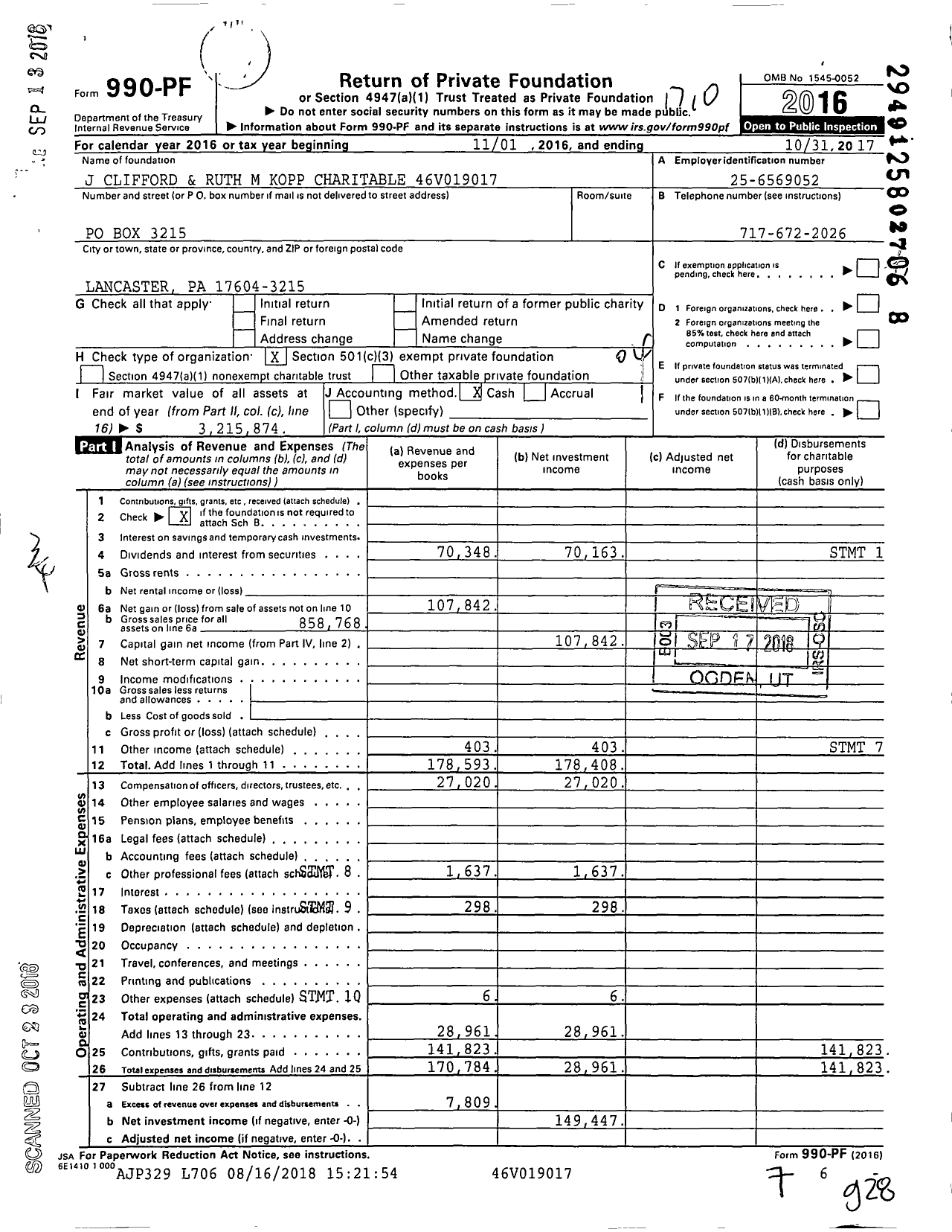 Image of first page of 2016 Form 990PF for J Clifford and Ruth M Kopp Charitable 46v019017