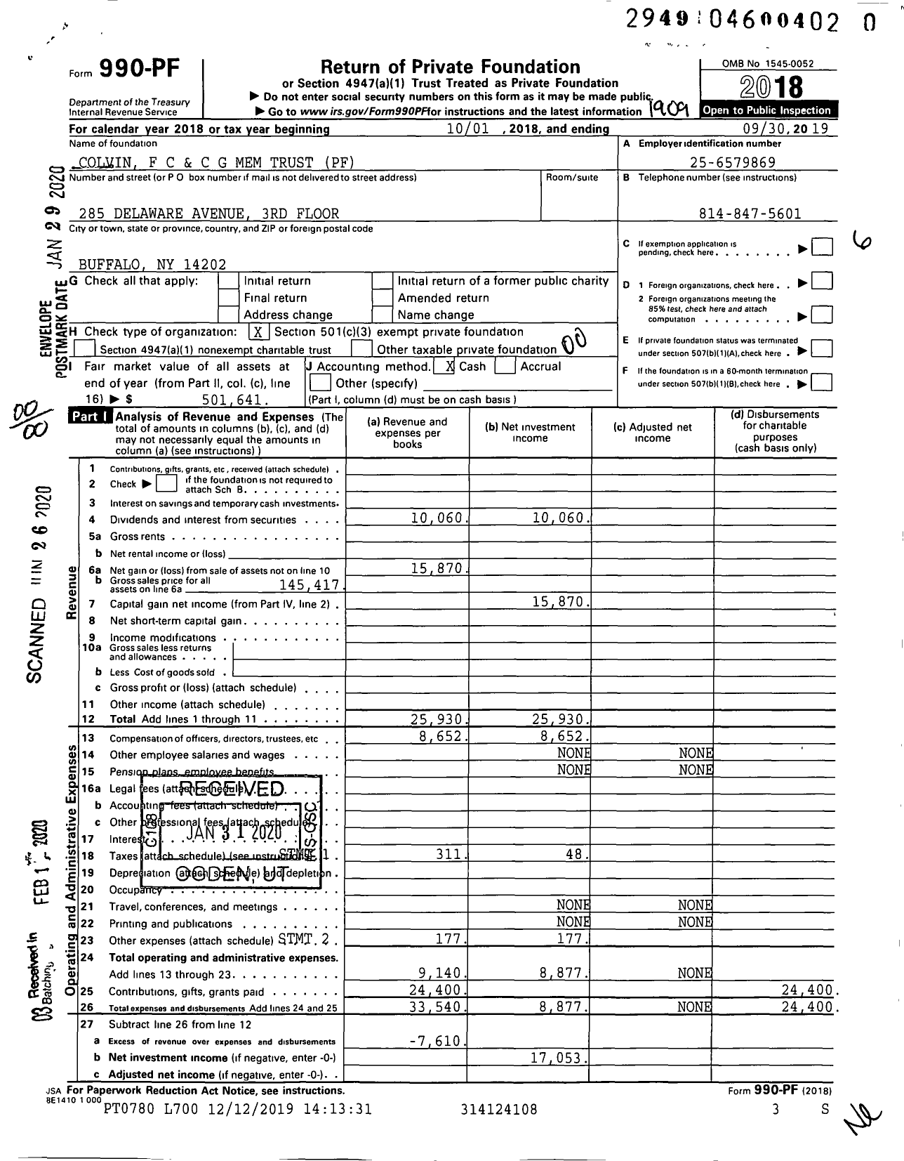 Image of first page of 2018 Form 990PR for Colvin F C and C G Mem Trust PF