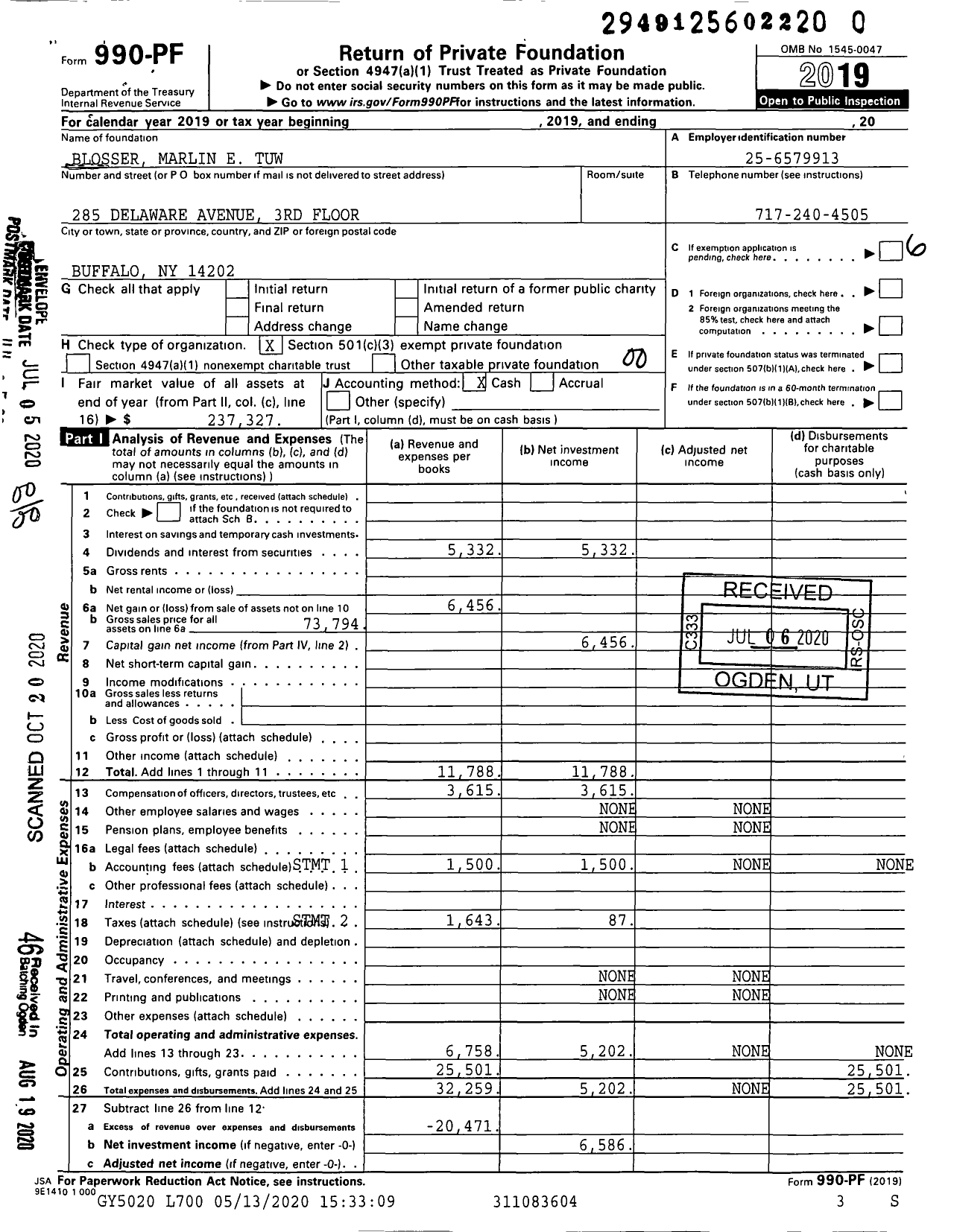 Image of first page of 2019 Form 990PR for Blosser Marlin E Tuw