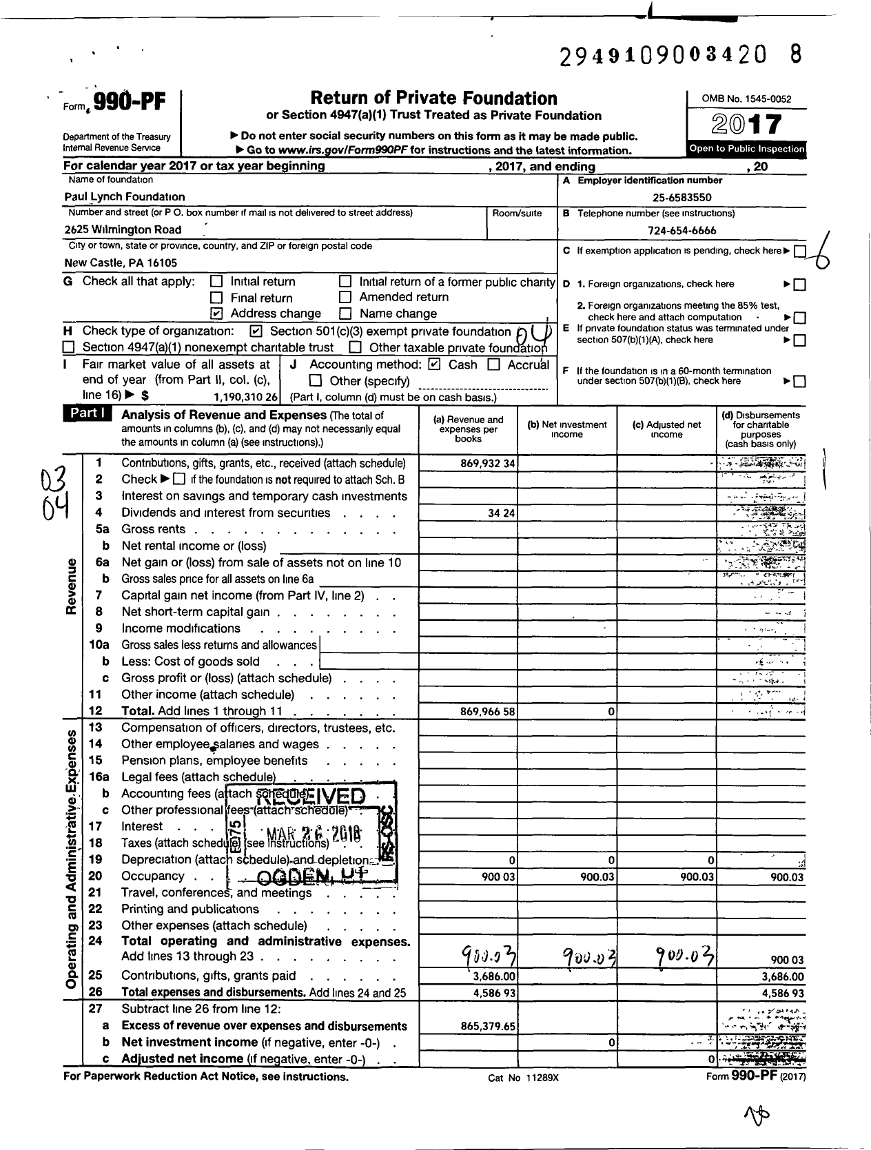 Image of first page of 2017 Form 990PF for Paul Lynch Foundation