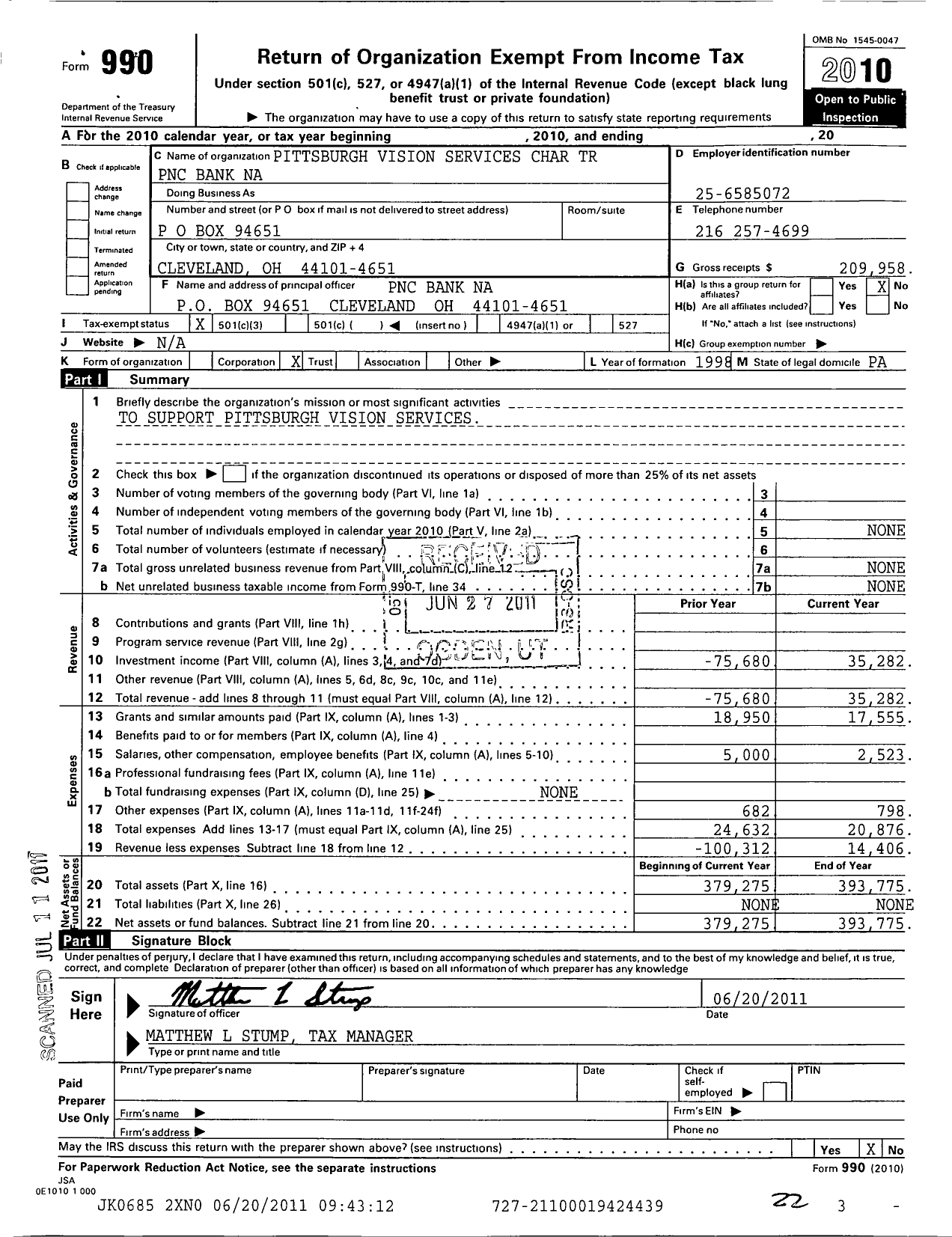 Image of first page of 2010 Form 990 for Pittsburgh Vision Services Charitable Trust PNC Bank Na