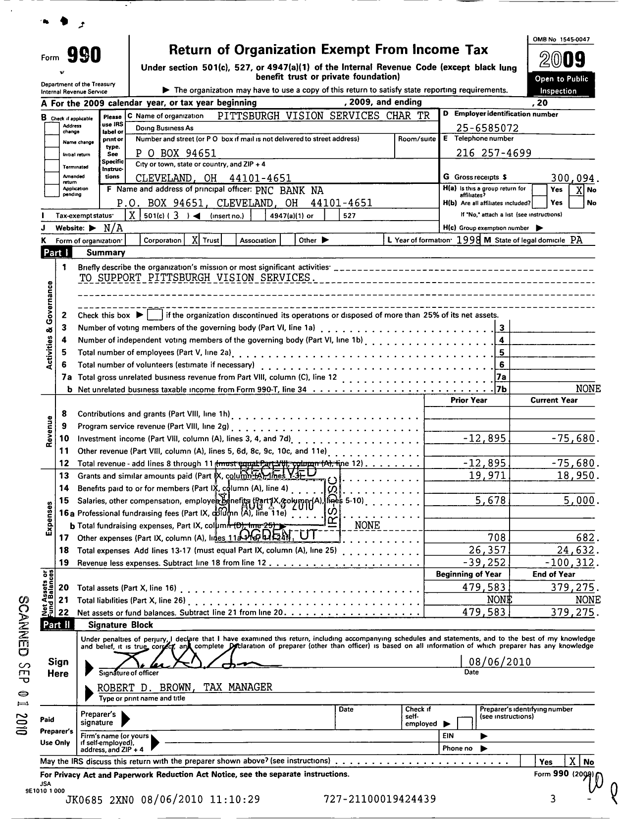 Image of first page of 2009 Form 990 for Pittsburgh Vision Services Charitable Trust PNC Bank Na