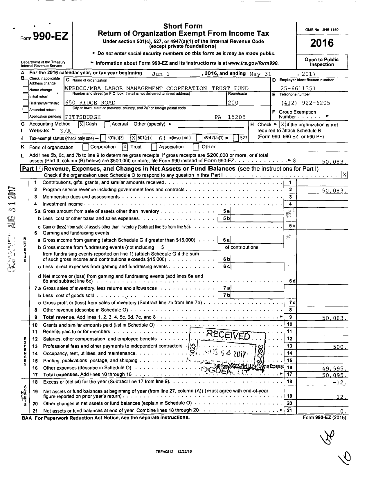 Image of first page of 2016 Form 990EO for Wprdccmba Labor Management Cooperation Trust Fund