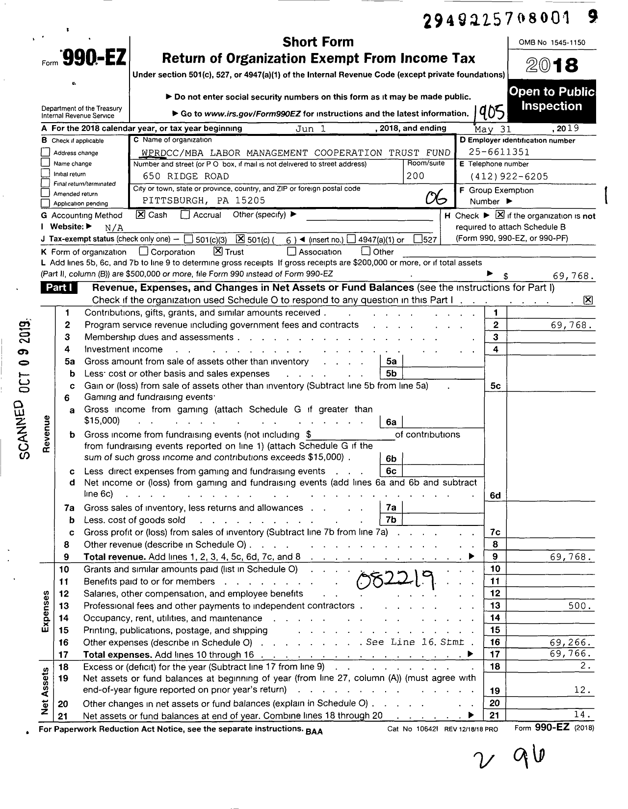 Image of first page of 2018 Form 990EO for Wprdccmba Labor Management Cooperation Trust Fund