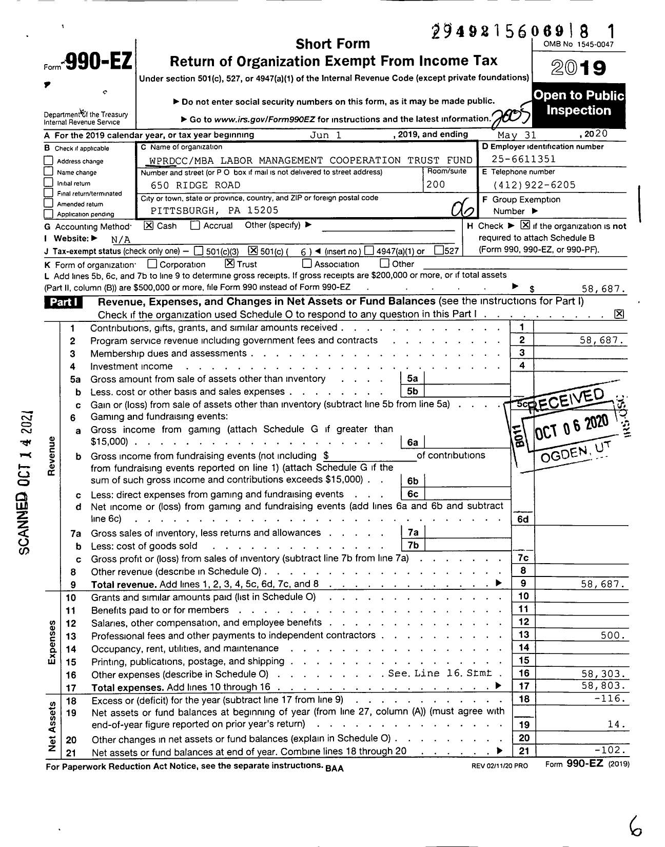 Image of first page of 2019 Form 990EO for Wprdccmba Labor Management Cooperation Trust Fund