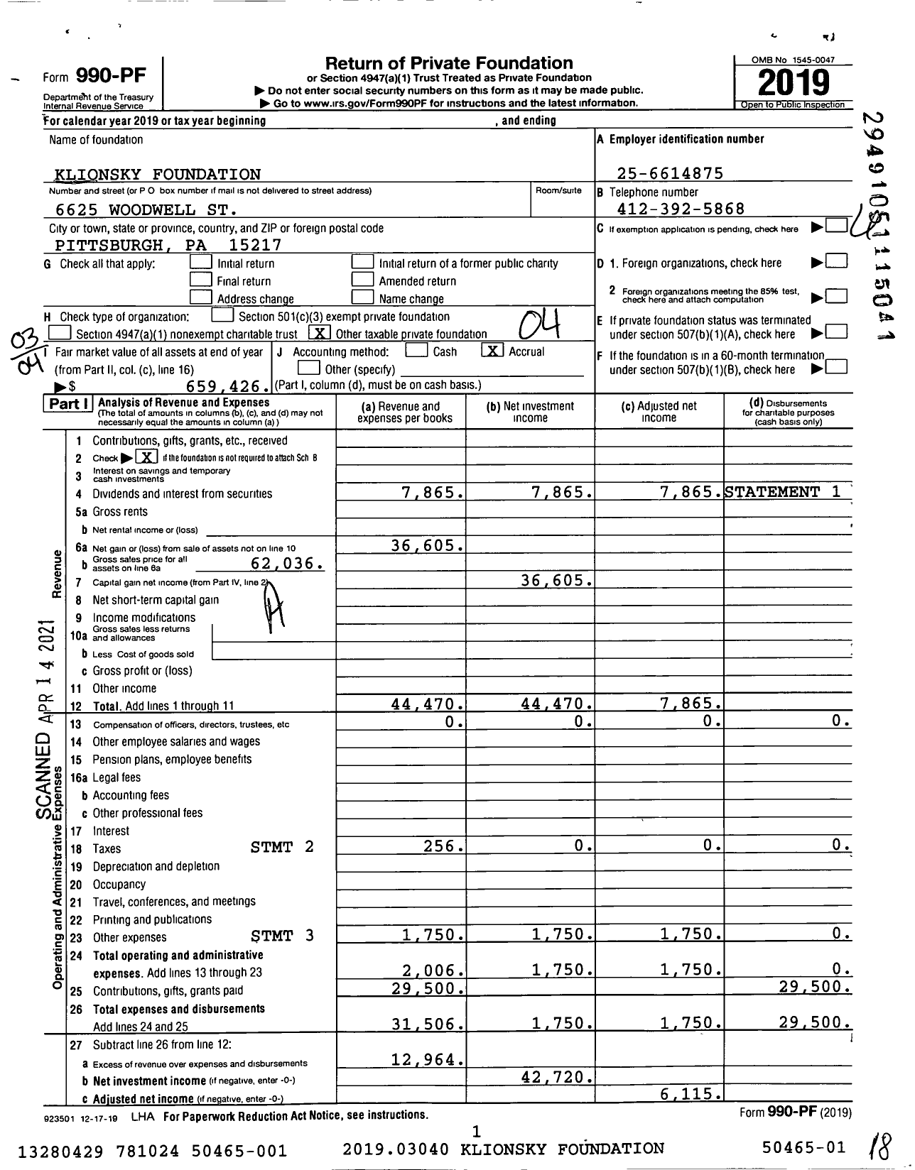 Image of first page of 2019 Form 990PF for Klionsky Foundation