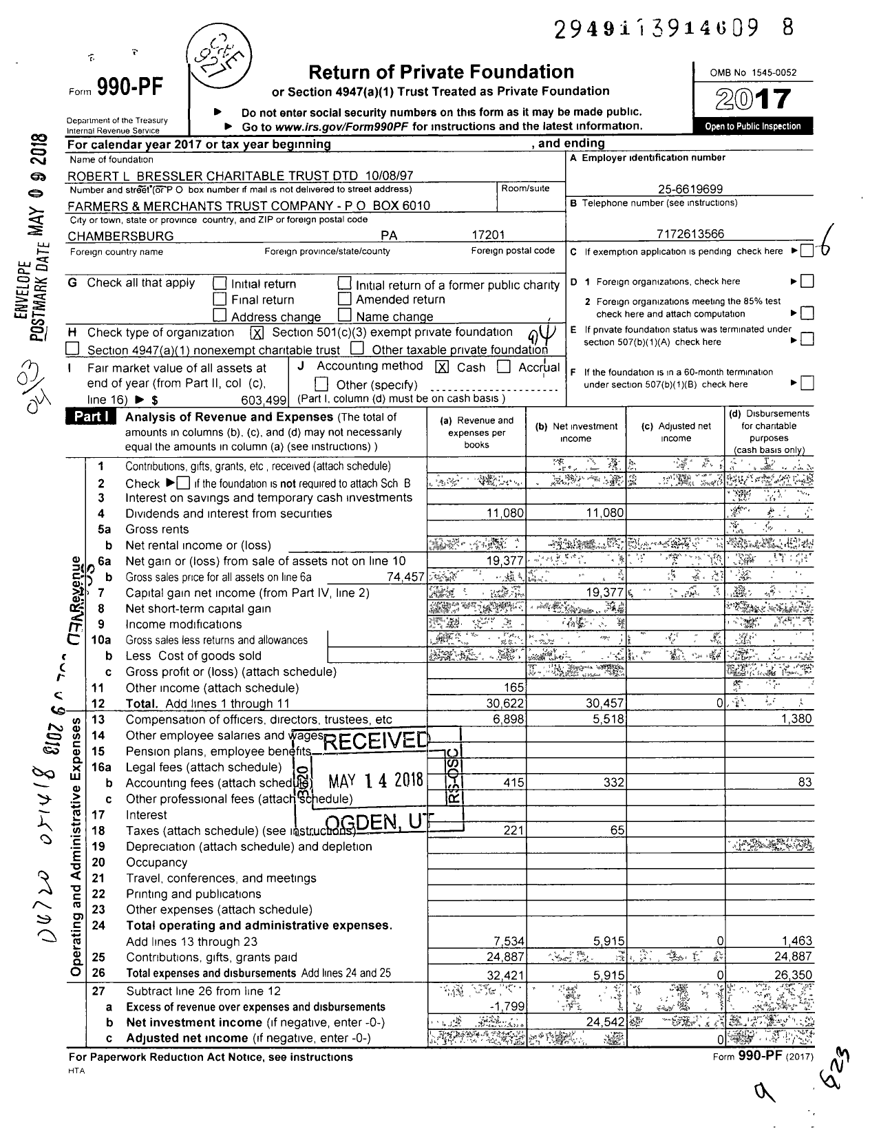 Image of first page of 2017 Form 990PF for Robert L Bressler Charitable