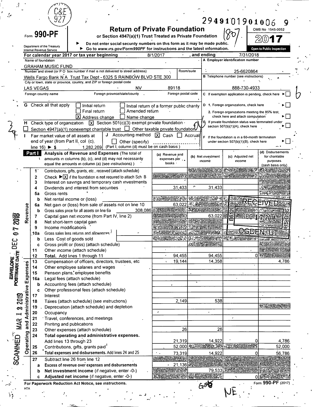 Image of first page of 2017 Form 990PF for Graham Music Fund