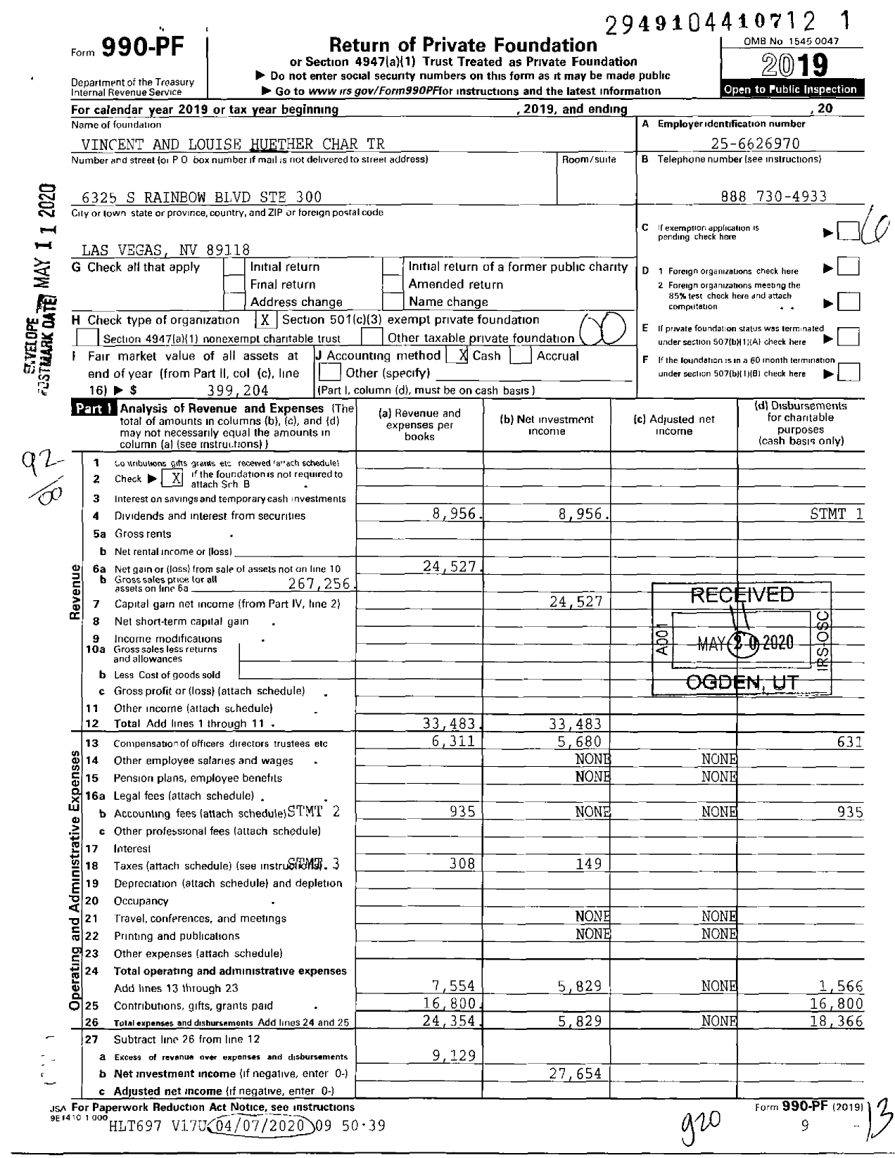 Image of first page of 2019 Form 990PF for Vincent and Louise Huether Charitable Trust