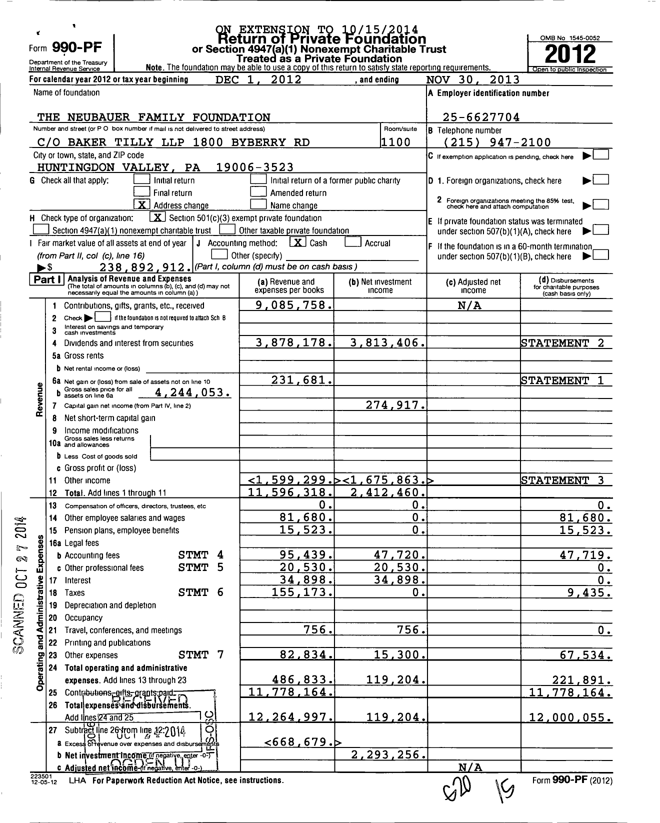 Image of first page of 2012 Form 990PF for Neubauer Family Foundation