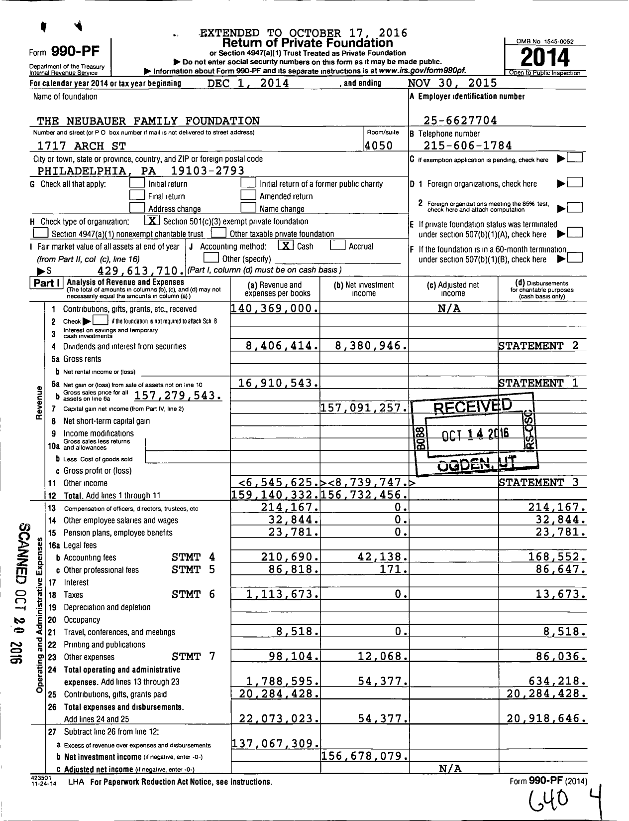 Image of first page of 2014 Form 990PF for Neubauer Family Foundation
