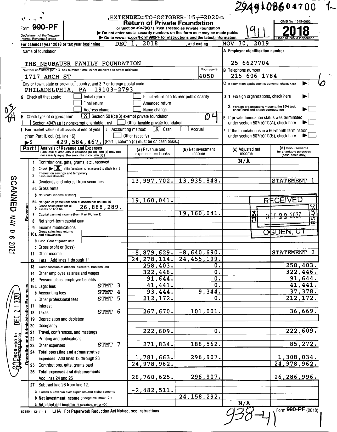 Image of first page of 2018 Form 990PF for Neubauer Family Foundation