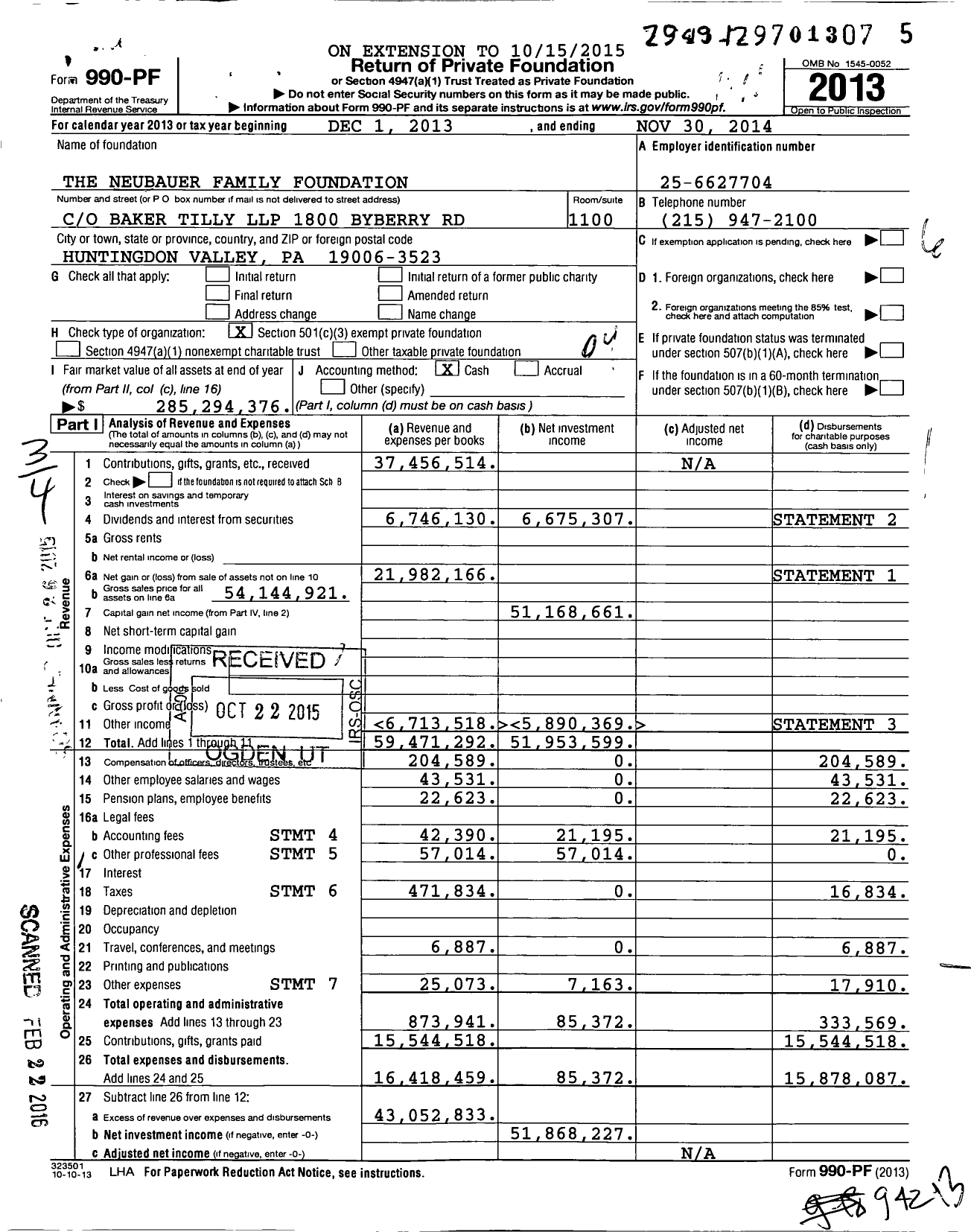 Image of first page of 2013 Form 990PF for Neubauer Family Foundation