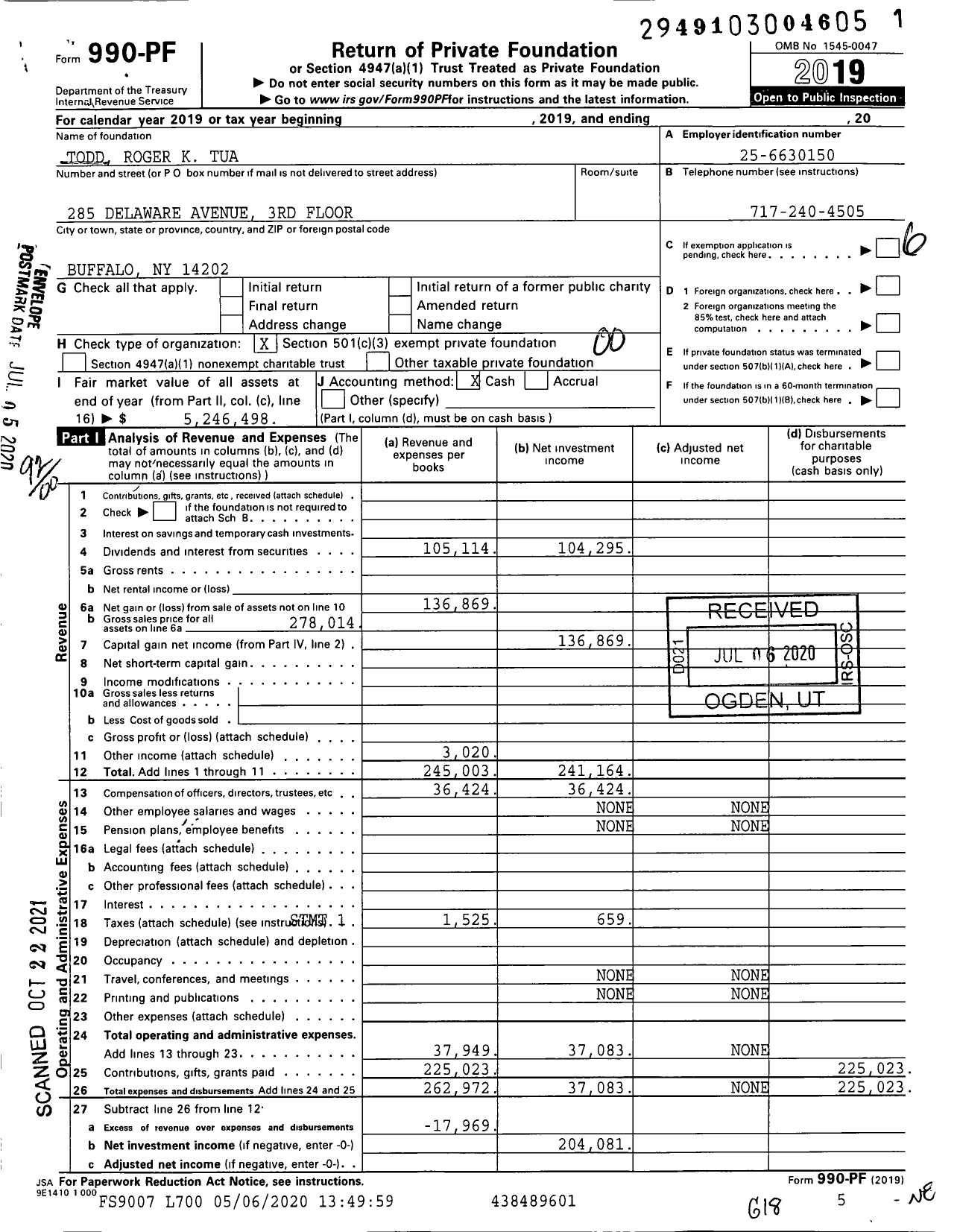 Image of first page of 2019 Form 990PF for Todd Roger K Tua