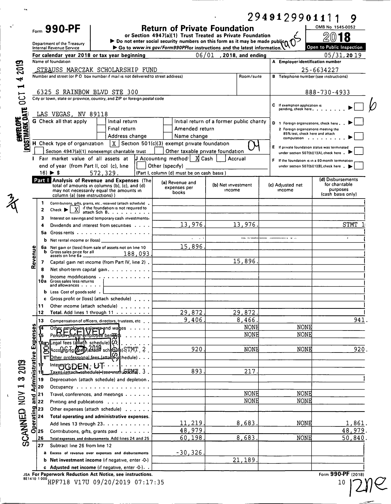 Image of first page of 2018 Form 990PF for Strauss Marczak Scholarship Fund