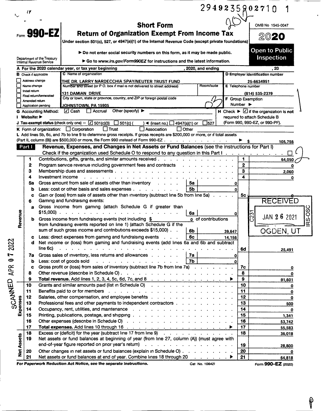 Image of first page of 2020 Form 990EZ for The Dr Larry Nardecchia Spayneuter Trust Fund