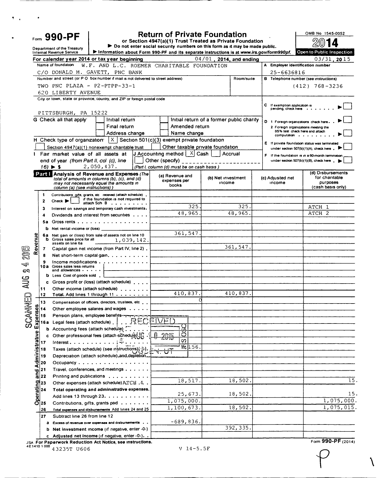 Image of first page of 2014 Form 990PF for WF and LC Roemer Charitable Foundation