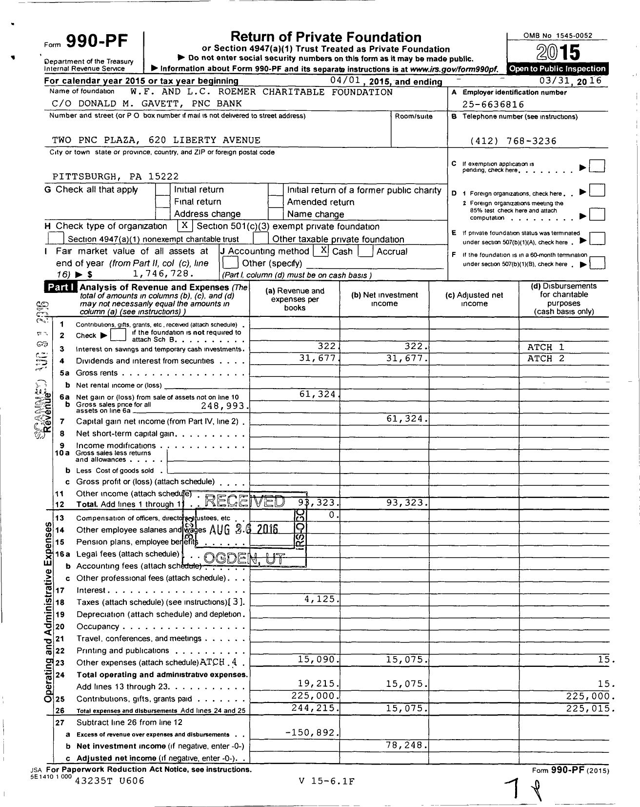 Image of first page of 2015 Form 990PF for WF and LC Roemer Charitable Foundation