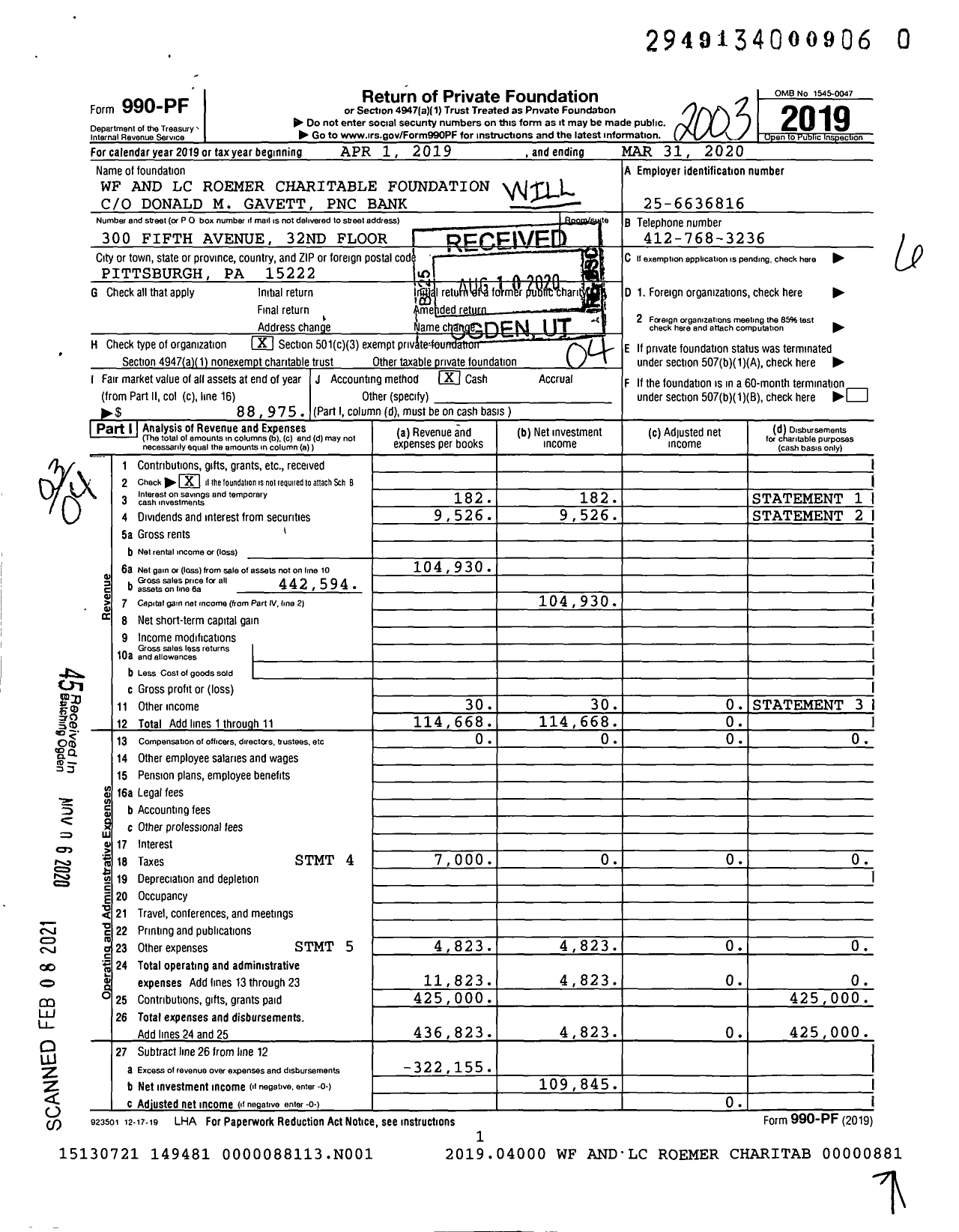 Image of first page of 2019 Form 990PF for WF and LC Roemer Charitable Foundation