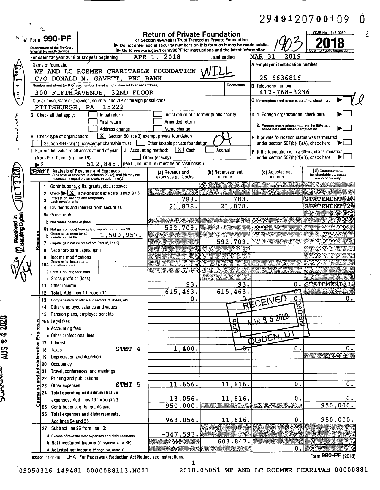 Image of first page of 2018 Form 990PR for WF and LC Roemer Charitable Foundation