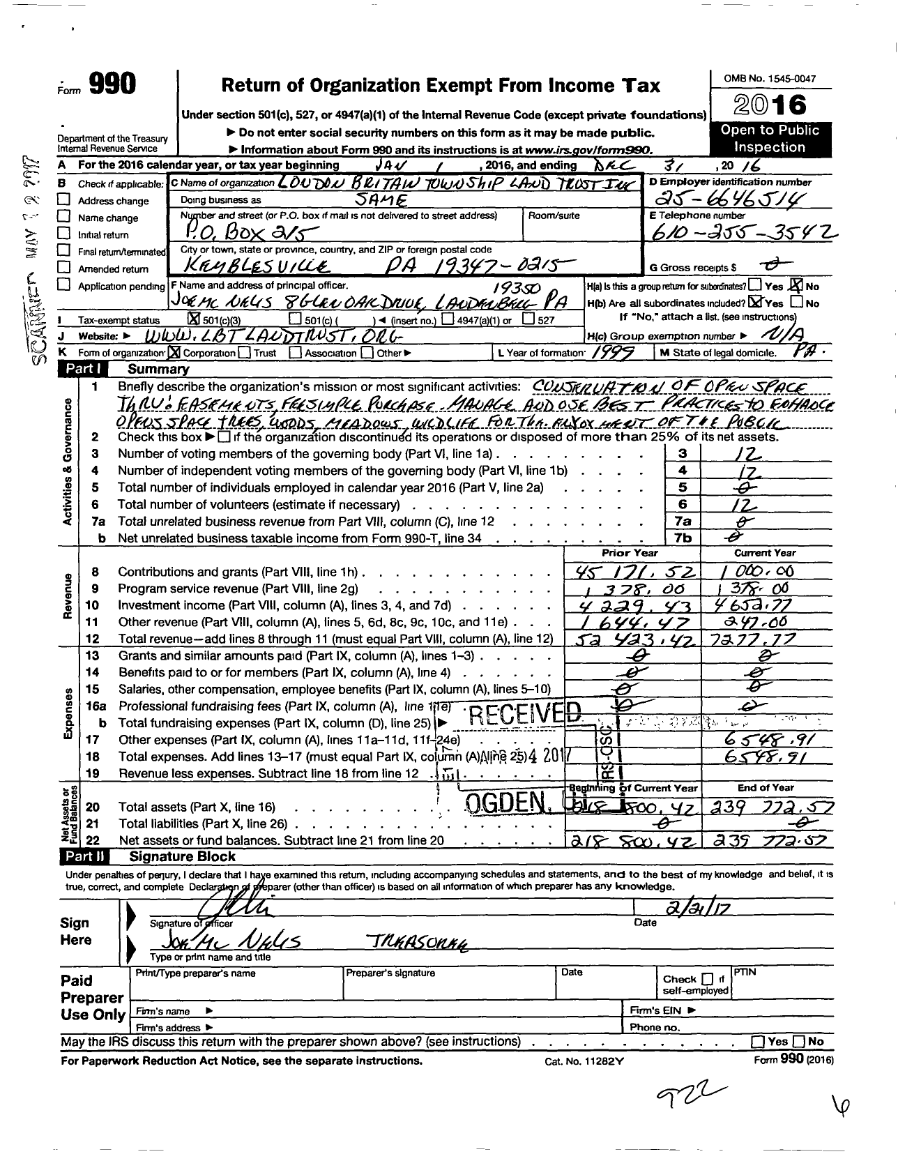 Image of first page of 2016 Form 990 for London Britain Township Land Trust