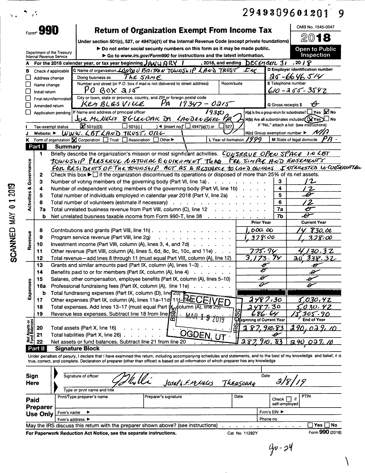 Image of first page of 2018 Form 990 for London Britain Township Land Trust