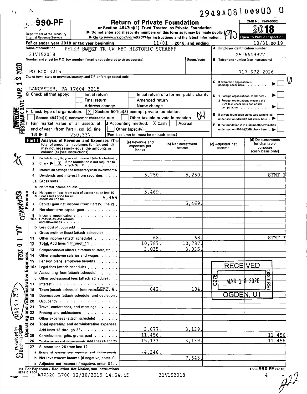 Image of first page of 2018 Form 990PR for Peter Horst TR Uw Fbo Historic Schaefferstown