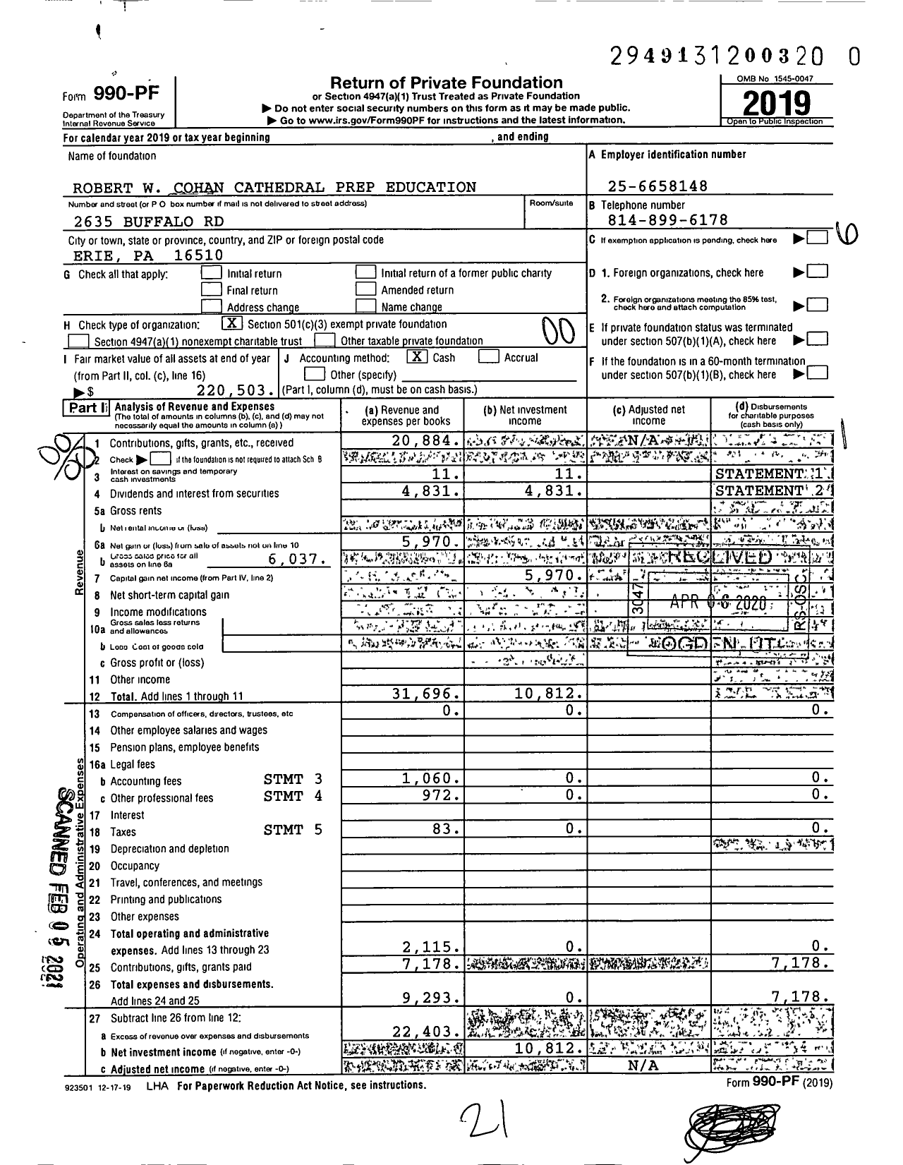 Image of first page of 2019 Form 990PF for Robert W Cohan Cathedral Prep Education