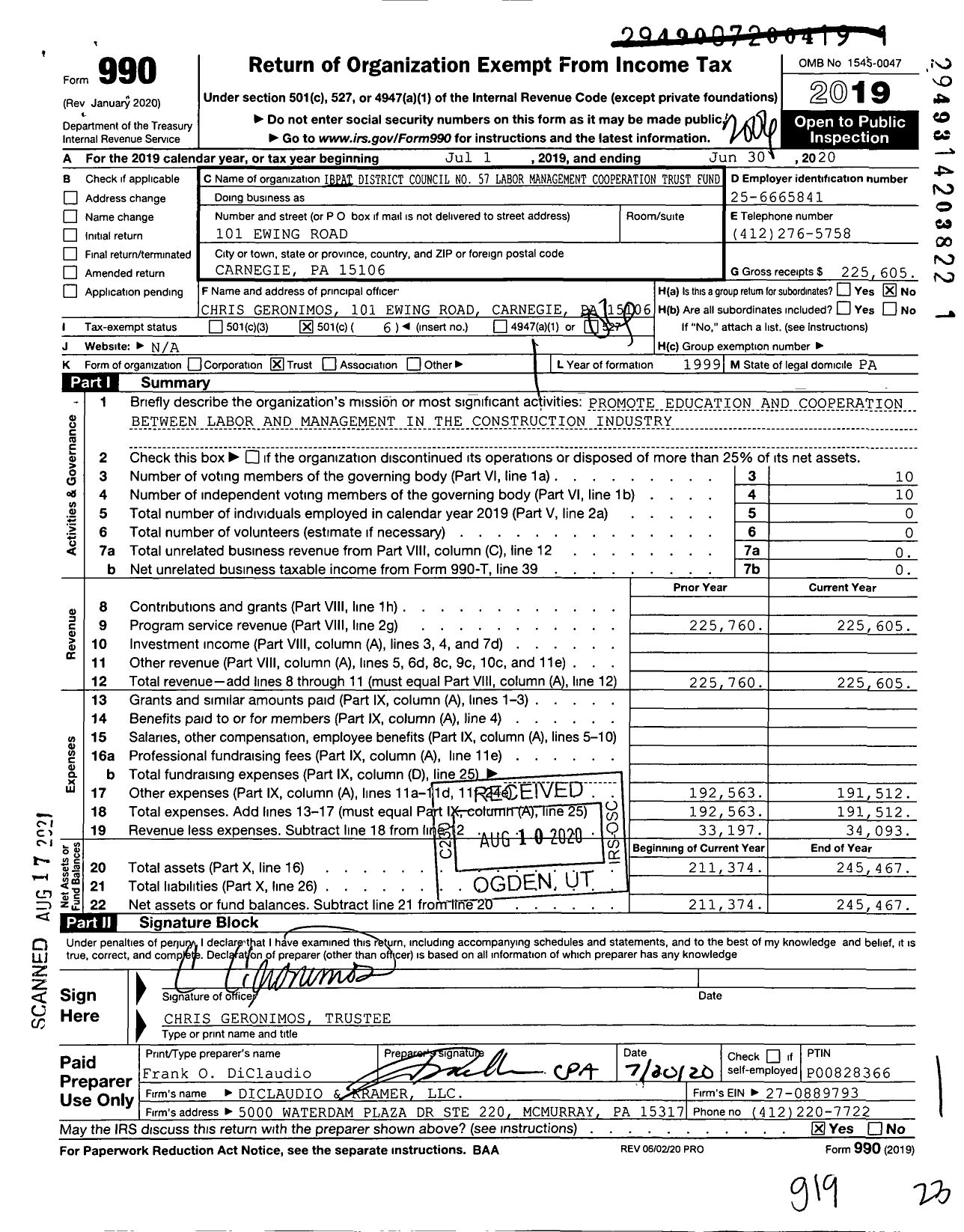 Image of first page of 2019 Form 990O for Ibpat District Council No 57 Labor Management Cooperation Trust Fund