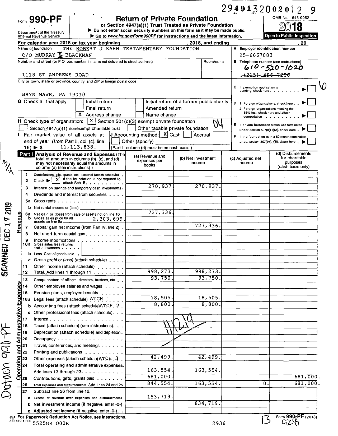Image of first page of 2018 Form 990PF for The Robert J Kahn Testamentary Foundation