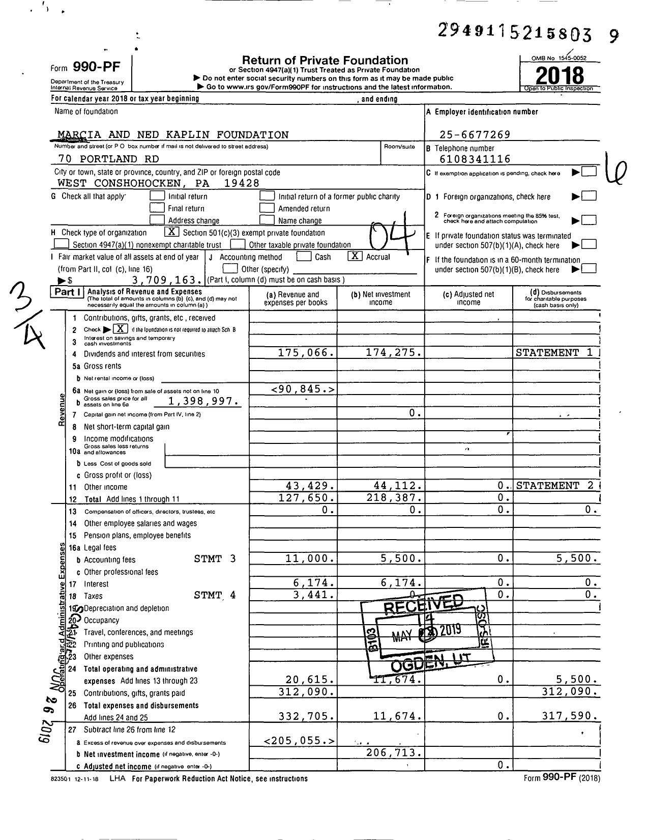 Image of first page of 2018 Form 990PF for Marcia and Ned Kaplin Foundation