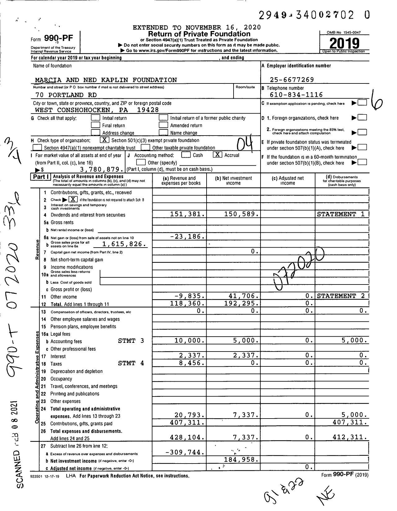 Image of first page of 2019 Form 990PF for Marcia and Ned Kaplin Foundation