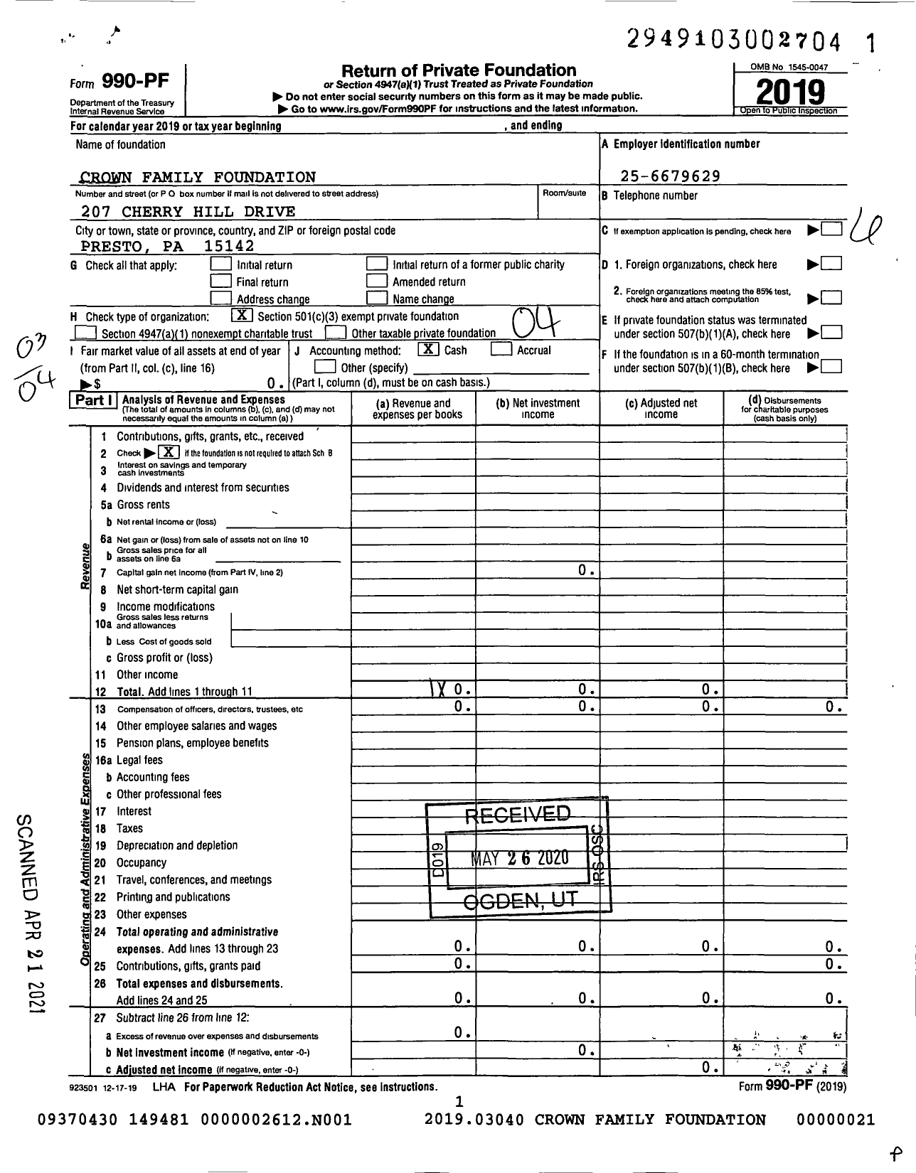 Image of first page of 2019 Form 990PF for Crown Family Foundation