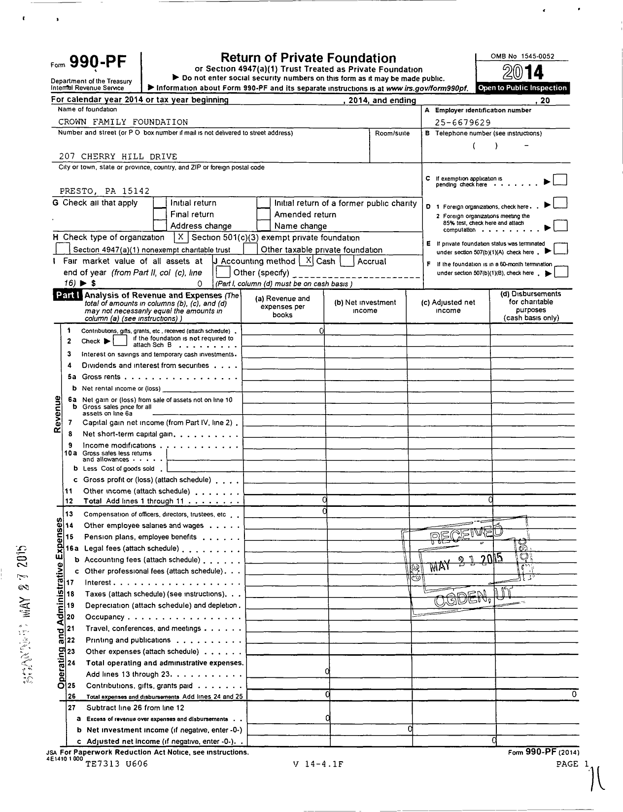 Image of first page of 2014 Form 990PF for Crown Family Foundation