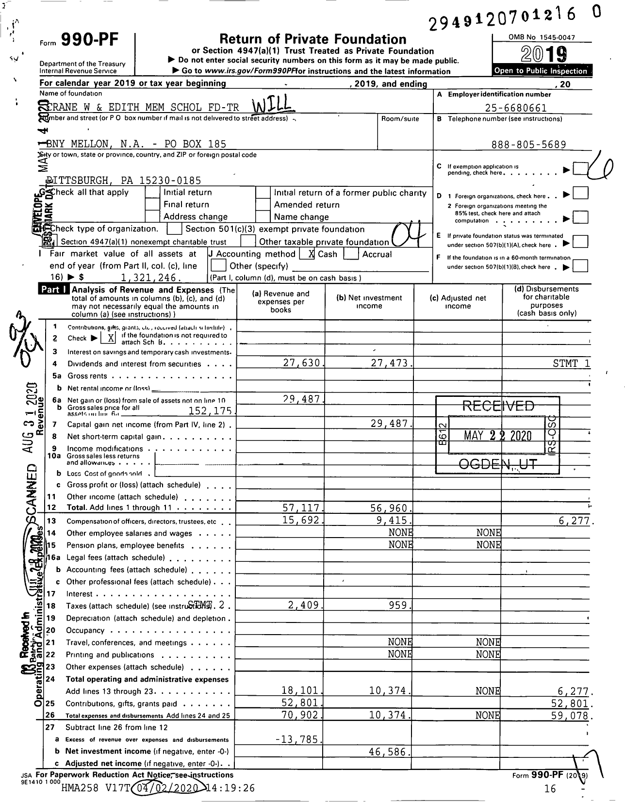 Image of first page of 2019 Form 990PR for Crane W and Edith Mem Schol FD-TR