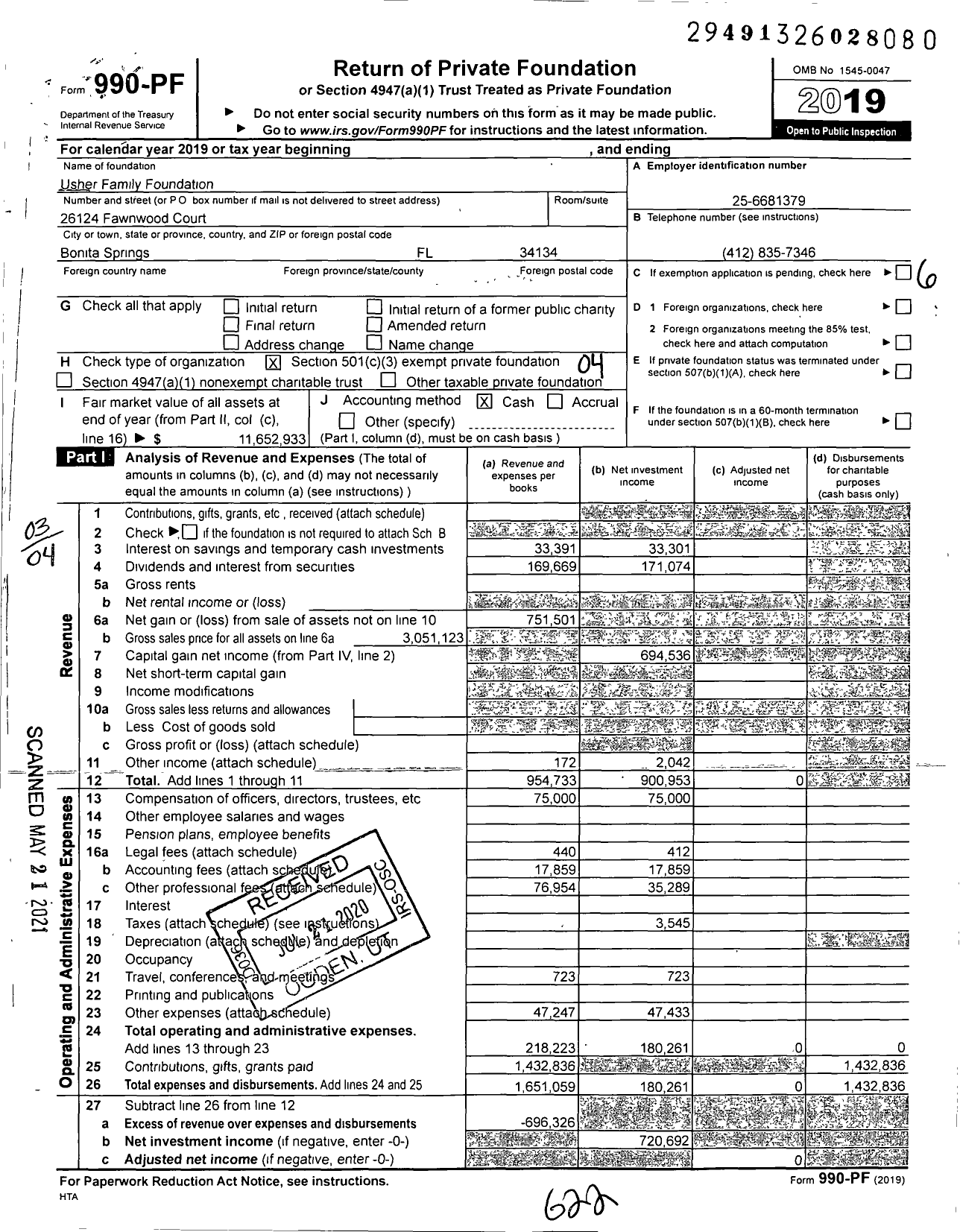 Image of first page of 2019 Form 990PF for Usher Family Foundation