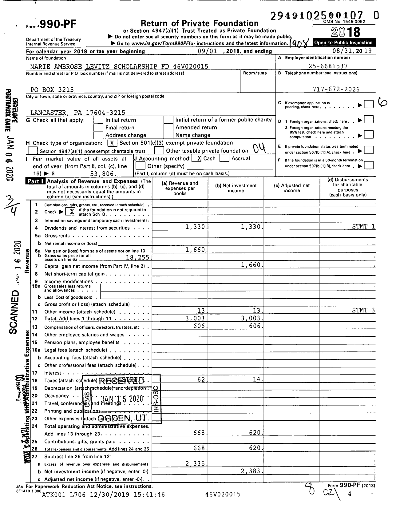 Image of first page of 2018 Form 990PR for Marie Ambrose Levitz Scholarship FD 46v020015