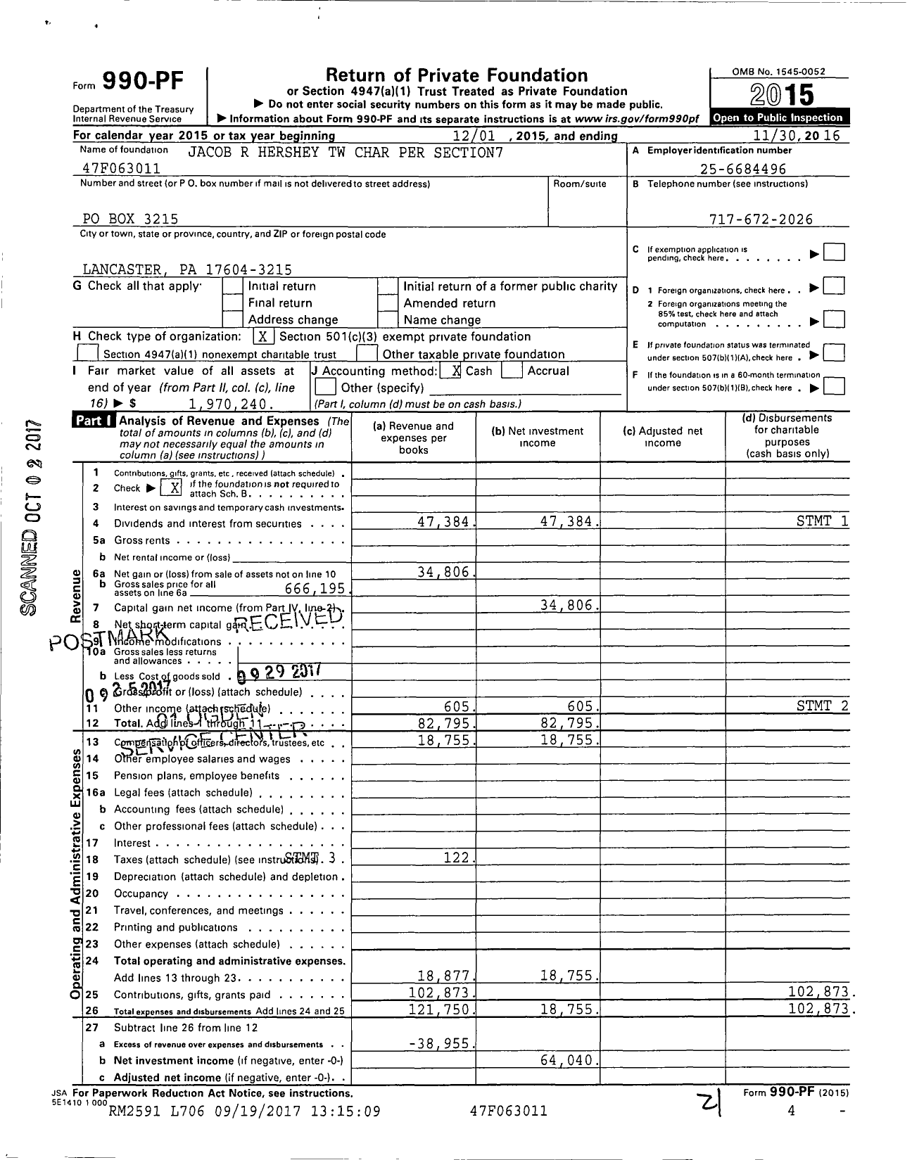 Image of first page of 2015 Form 990PF for Jacob R Hershey TW Char Per Section7