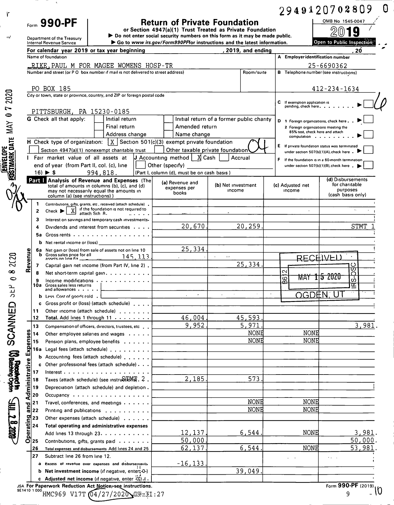 Image of first page of 2019 Form 990PR for Rike Paul M for Magee Womens Hosp-Tr