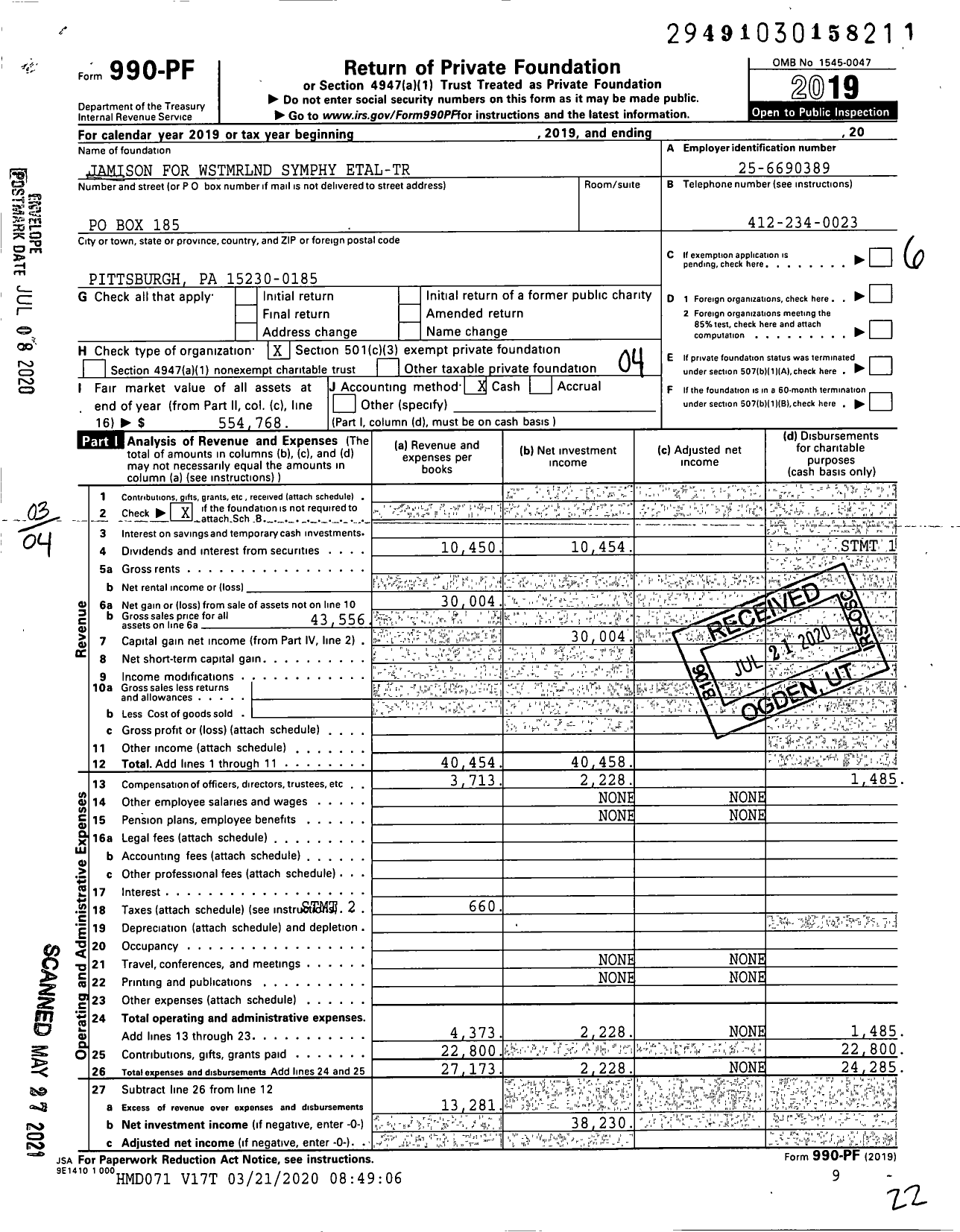 Image of first page of 2019 Form 990PF for Jamison for WSTMRLND Symphy Etal-Tr