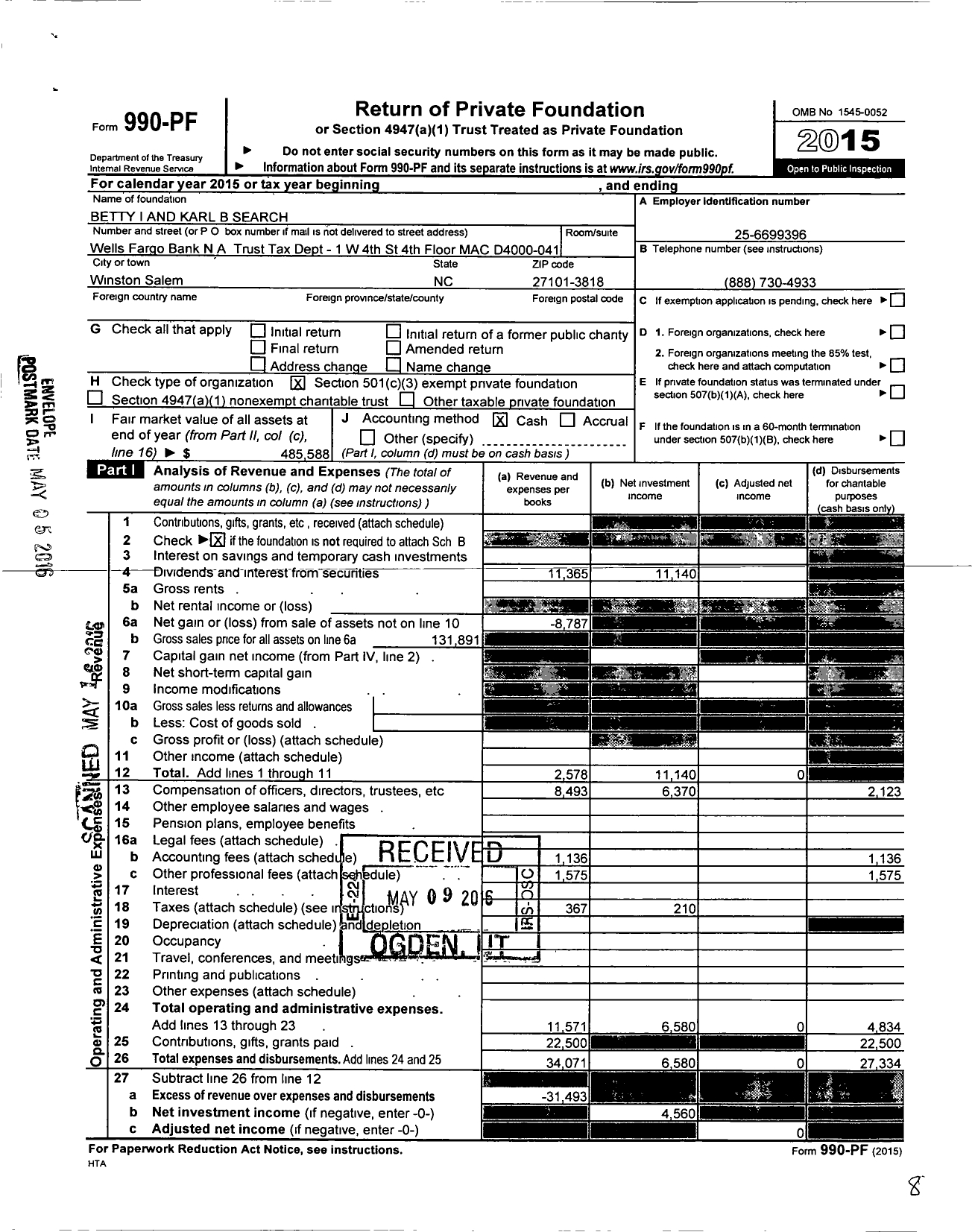 Image of first page of 2015 Form 990PF for Betty I and Karl B Search