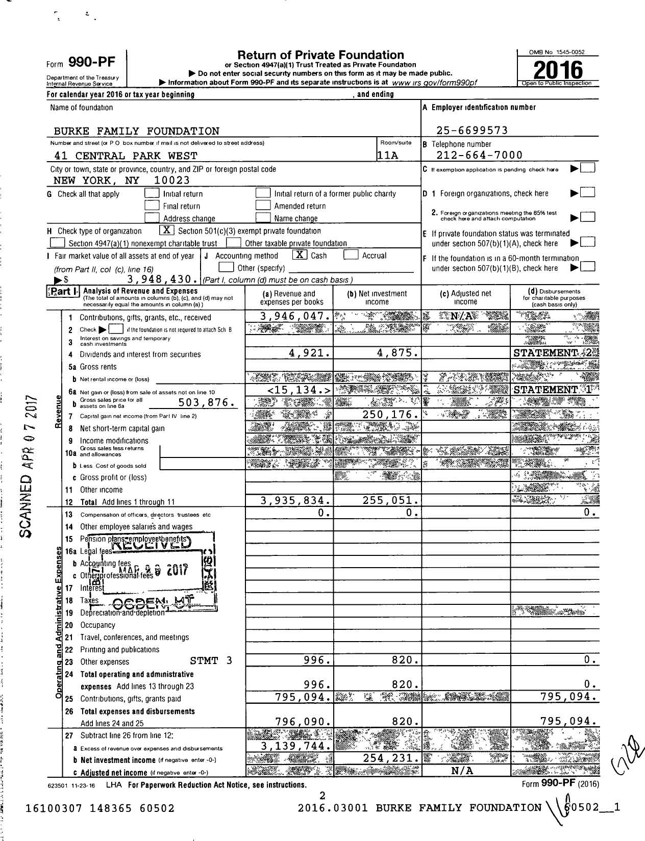 Image of first page of 2016 Form 990PF for Burke Family Foundation / Burke Stephen B Et Al Ttee