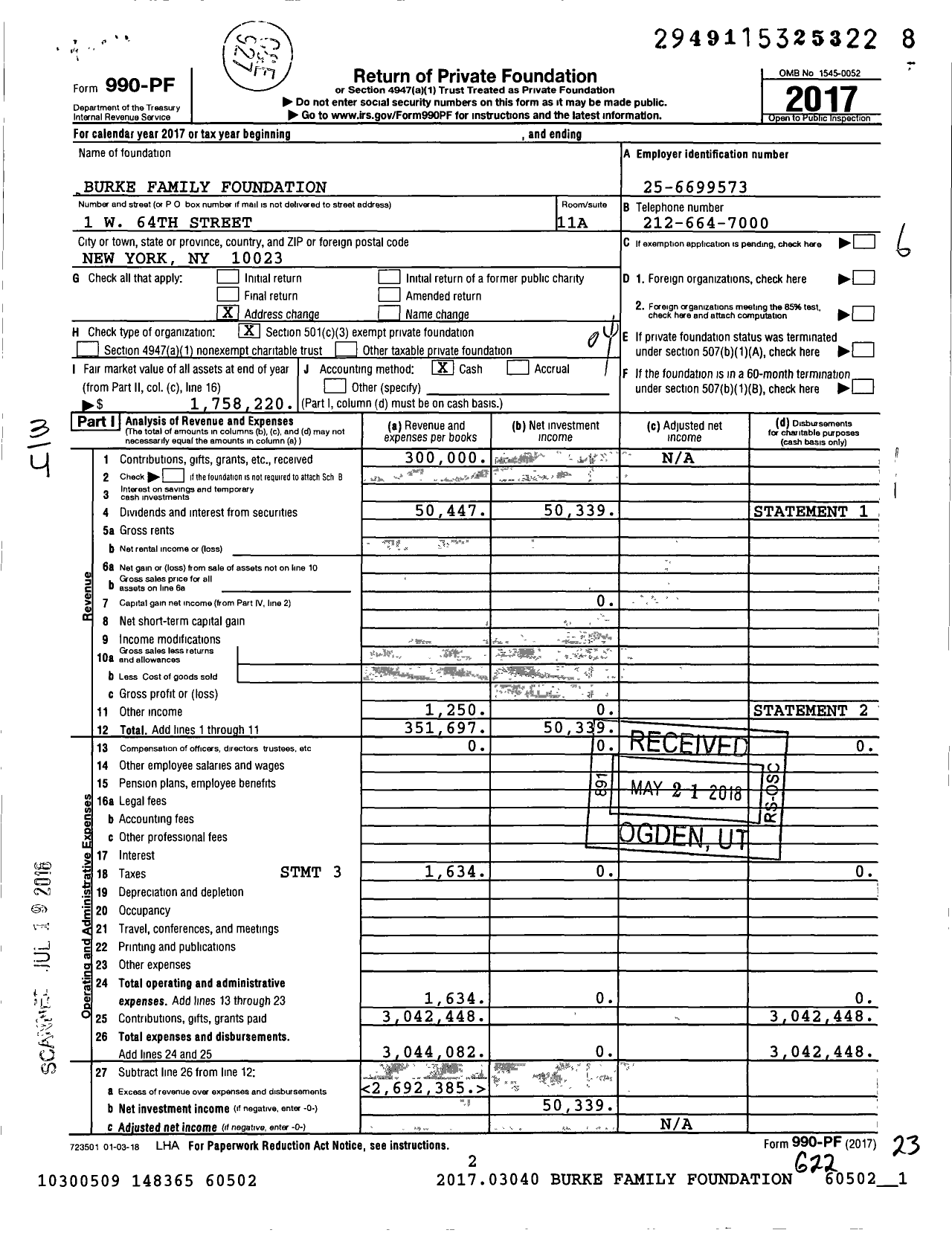 Image of first page of 2017 Form 990PF for Burke Family Foundation / Burke Stephen B Et Al Ttee