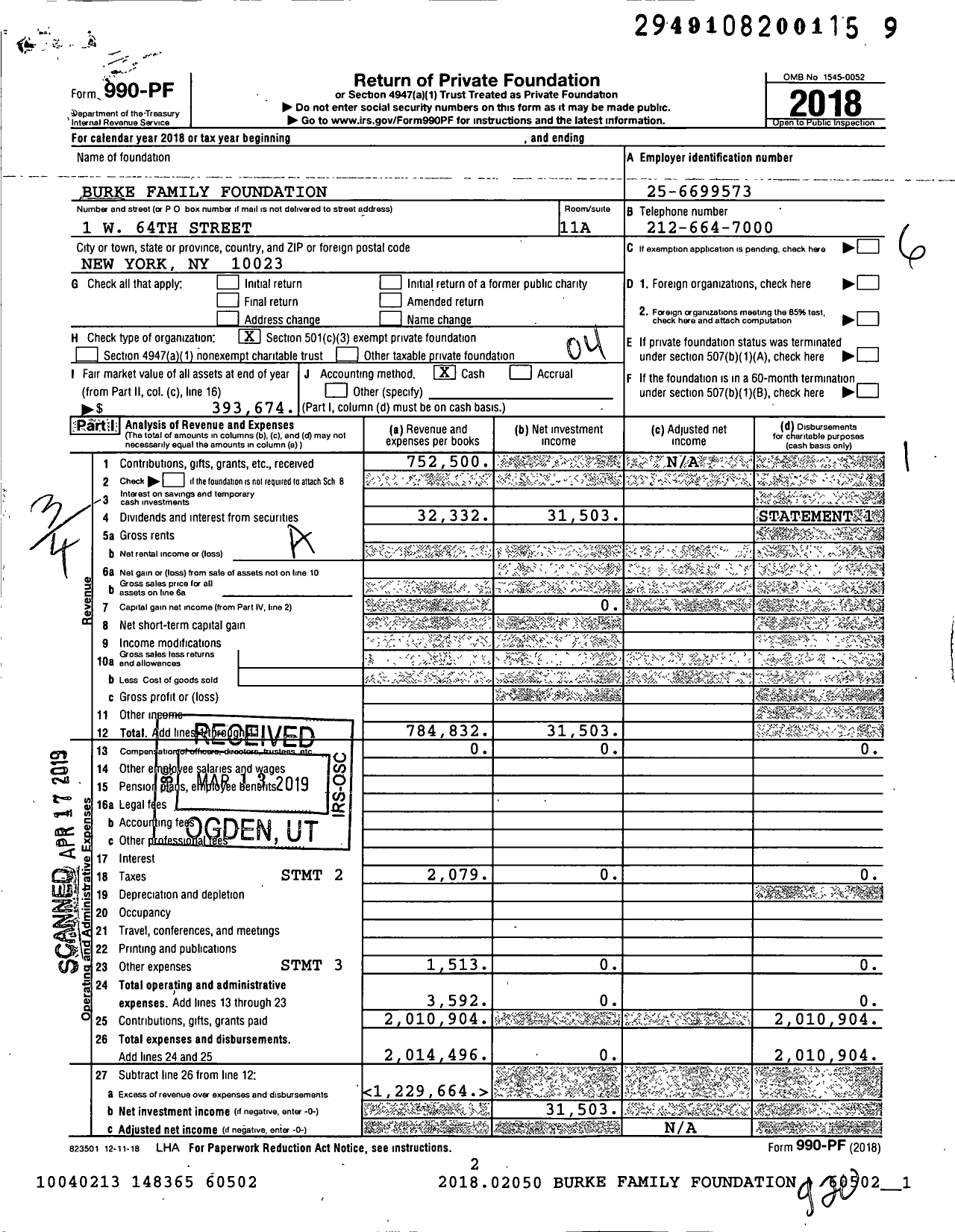 Image of first page of 2018 Form 990PF for Burke Family Foundation / Burke Stephen B Et Al Ttee