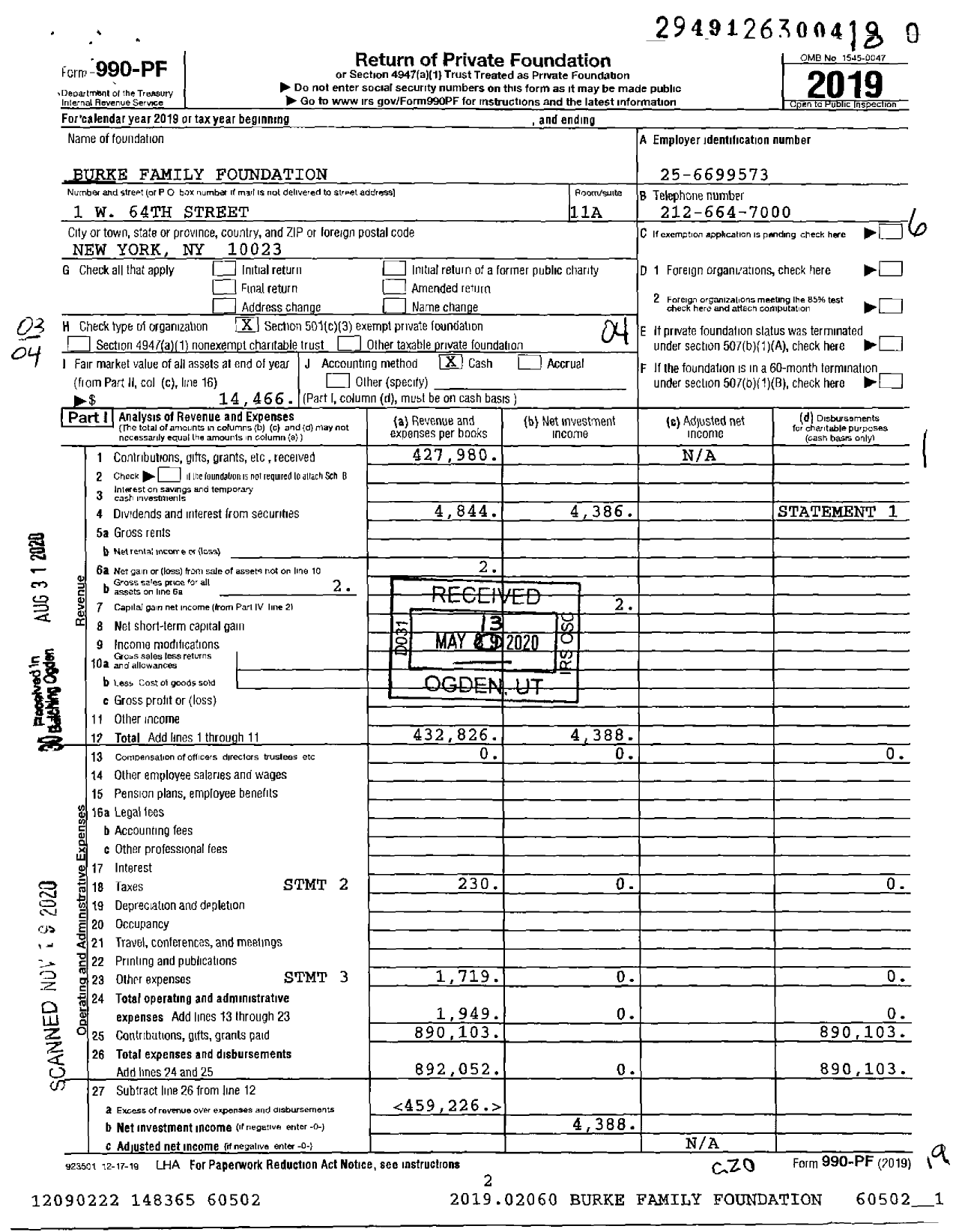 Image of first page of 2019 Form 990PF for Burke Family Foundation / Burke Stephen B Et Al Ttee