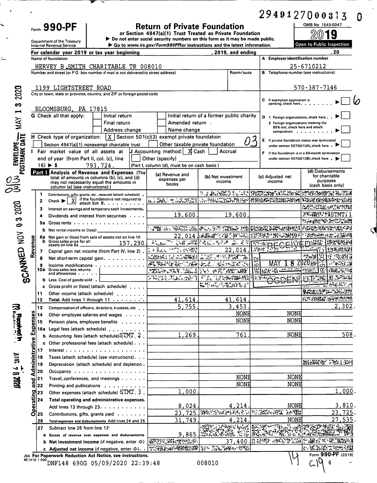 Image of first page of 2019 Form 990PF for Hervey B Smith Charitable TR 008010