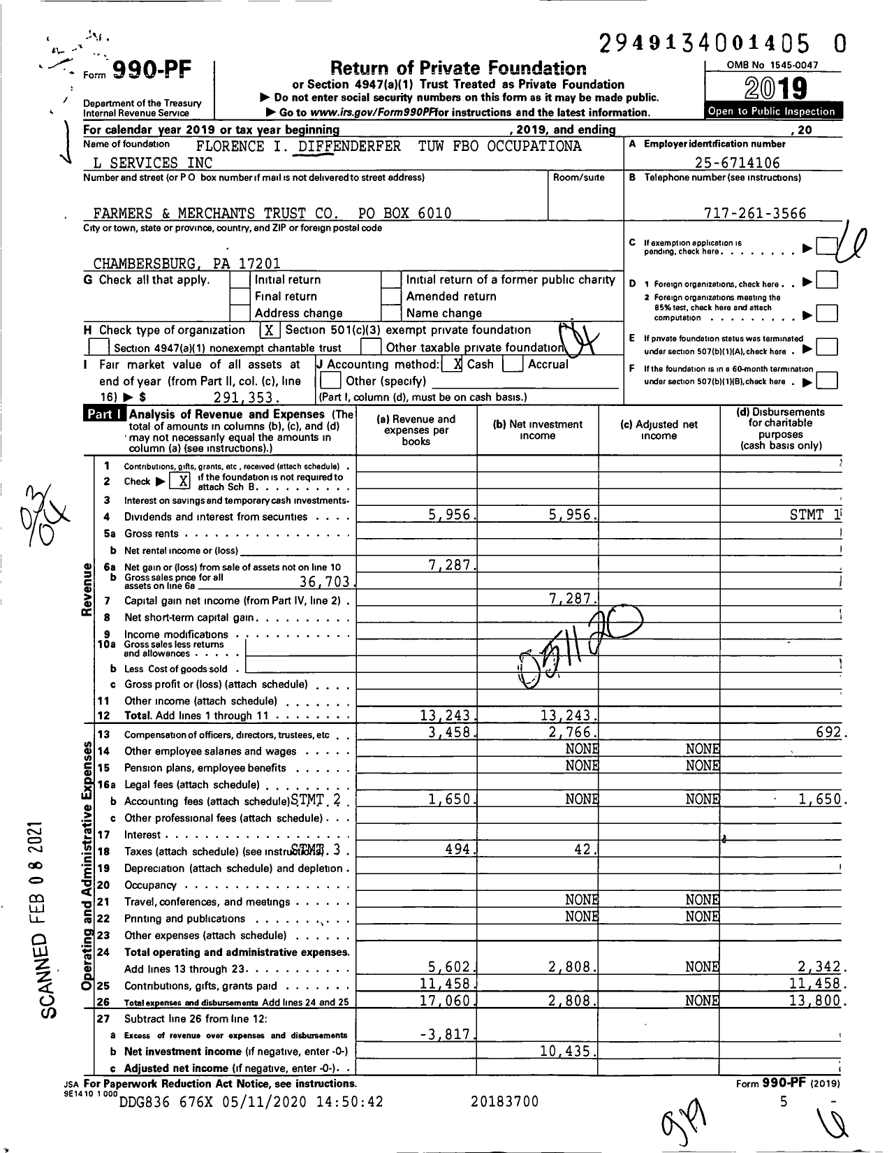 Image of first page of 2019 Form 990PF for Florence I Diffenderfer Tuw Fbo Occupational