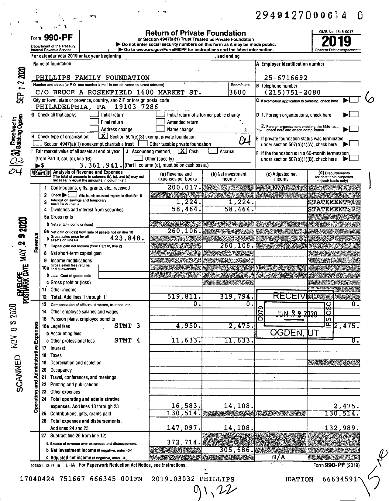 Image of first page of 2019 Form 990PF for Phillips Family Foundation / Phillips Thomas G Iii Et Al Ttee