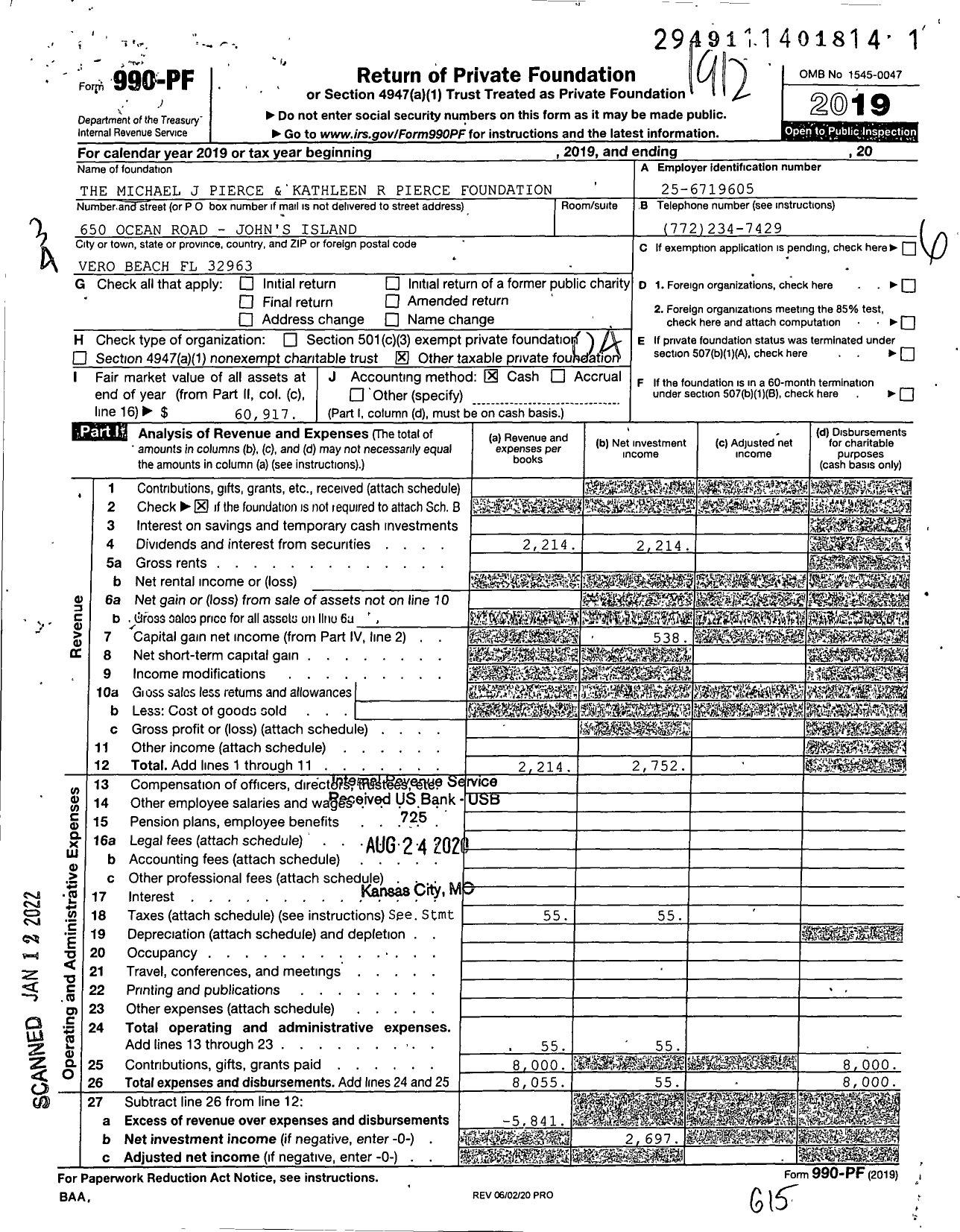 Image of first page of 2019 Form 990PF for The Michael J Pierce and Kathleen R Pierce Foundation