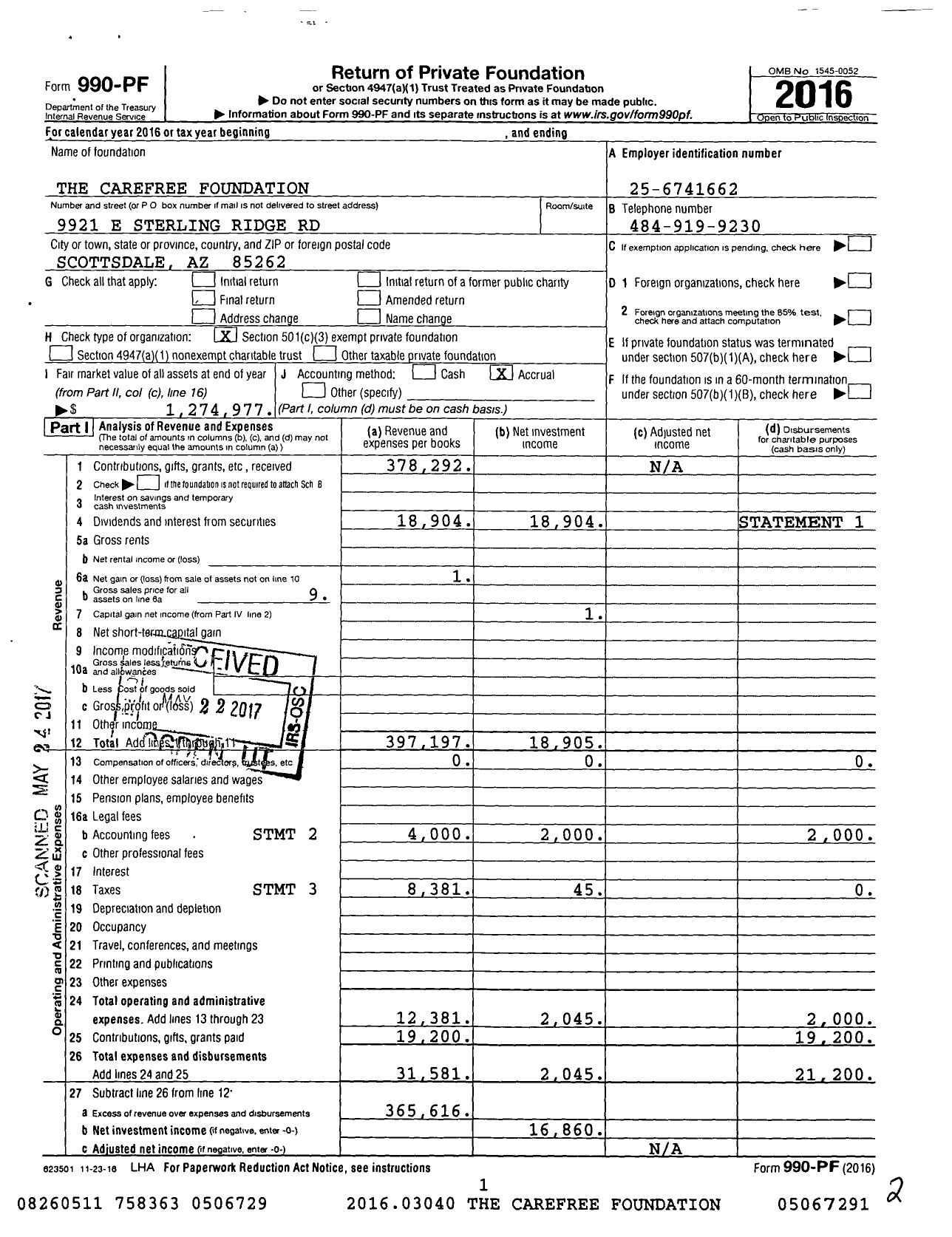 Image of first page of 2016 Form 990PF for The Carefree Foundation